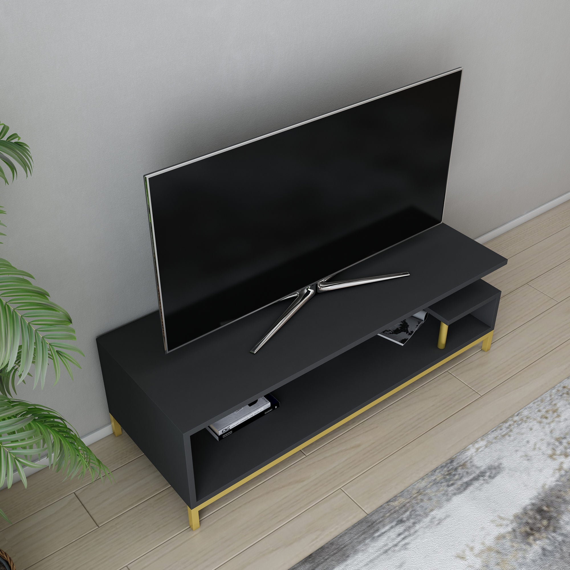 Móvel de TV Glamouroso, Dourado e Antracite, 120 x 44,6 x 37,6 cm | Painel de partículas 100% revestido em melamina, 18 mm de espessura | Elegante e funcional para salas de estar modernas