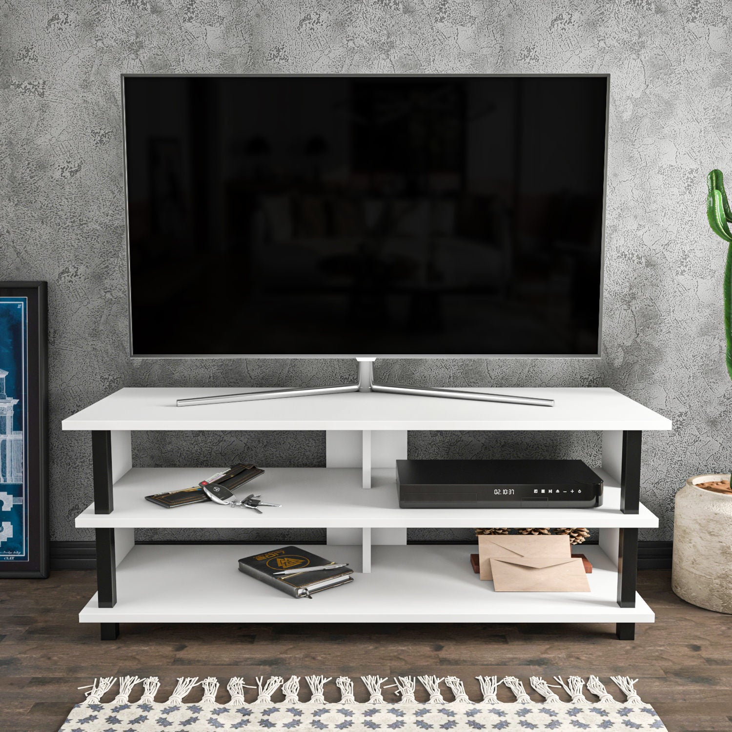 Móvel de TV elegante, preto e branco, 120 cm x 44,6 cm x 47,4 cm | Painel de partículas 100% revestido de melamina, 18 mm de espessura | Design moderno para sala de estar