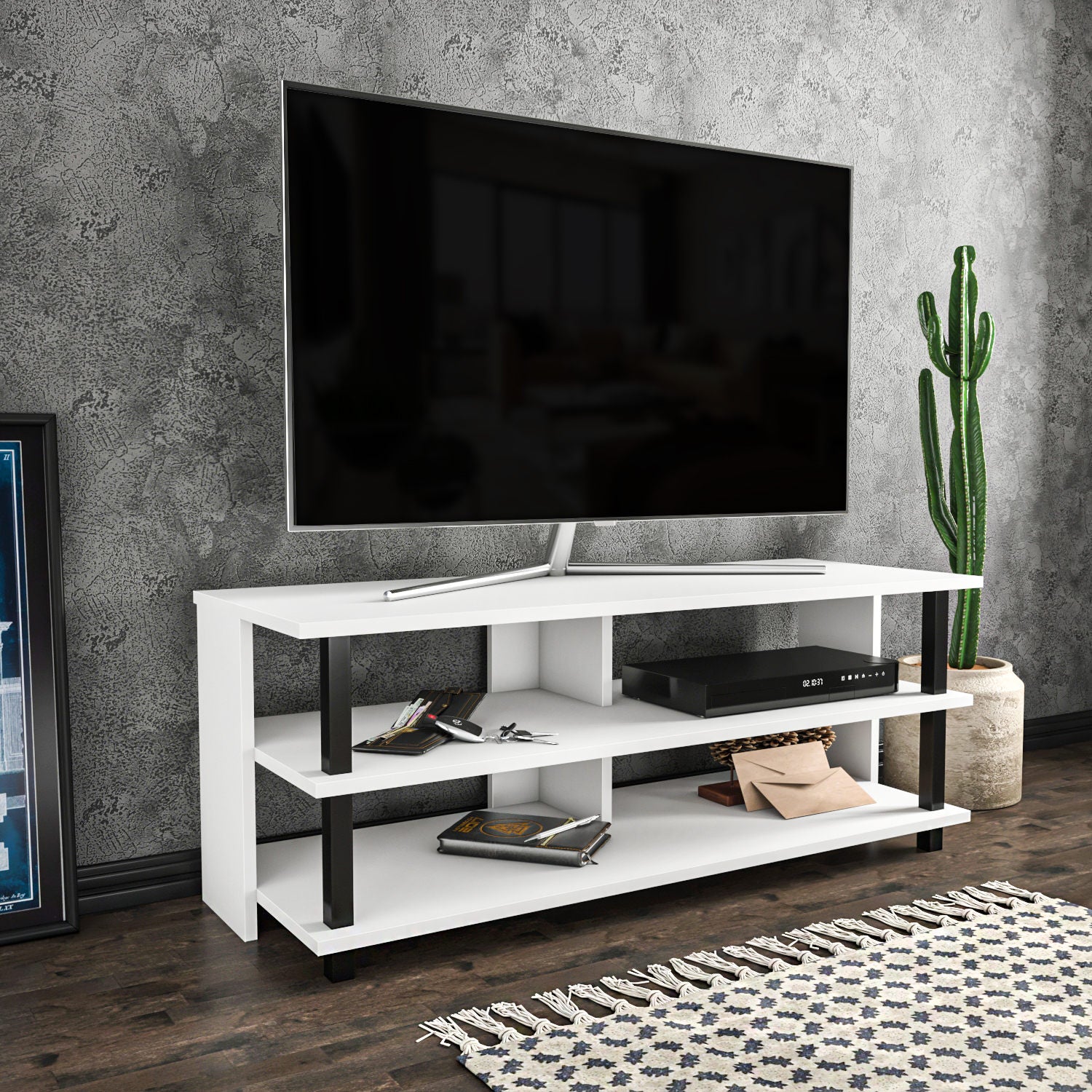 Móvel de TV elegante, preto e branco, 120 cm x 44,6 cm x 47,4 cm | Painel de partículas 100% revestido de melamina, 18 mm de espessura | Design moderno para sala de estar