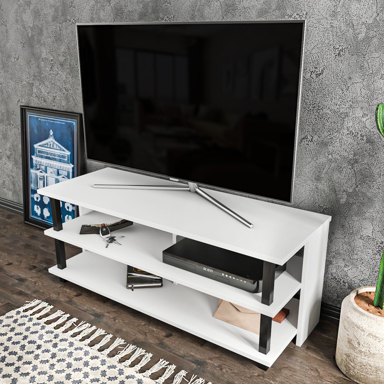 Móvel de TV elegante, preto e branco, 120 cm x 44,6 cm x 47,4 cm | Painel de partículas 100% revestido de melamina, 18 mm de espessura | Design moderno para sala de estar
