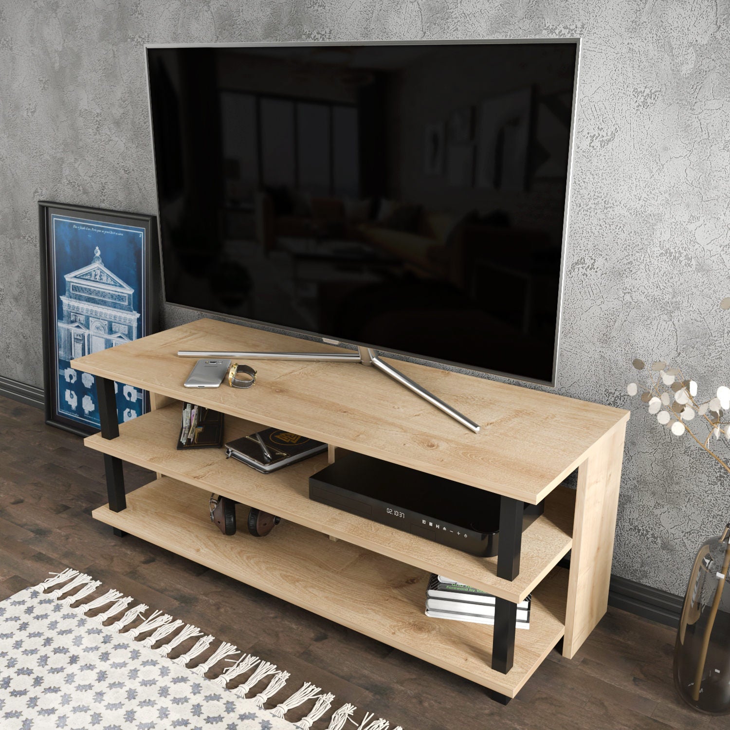 Móvel de TV industrial, preto e carvalho, 120 x 44,6 x 47,4 cm | Painel de partículas 100% revestido de melamina, 18 mm de espessura | Elegante e durável para salas de estar modernas