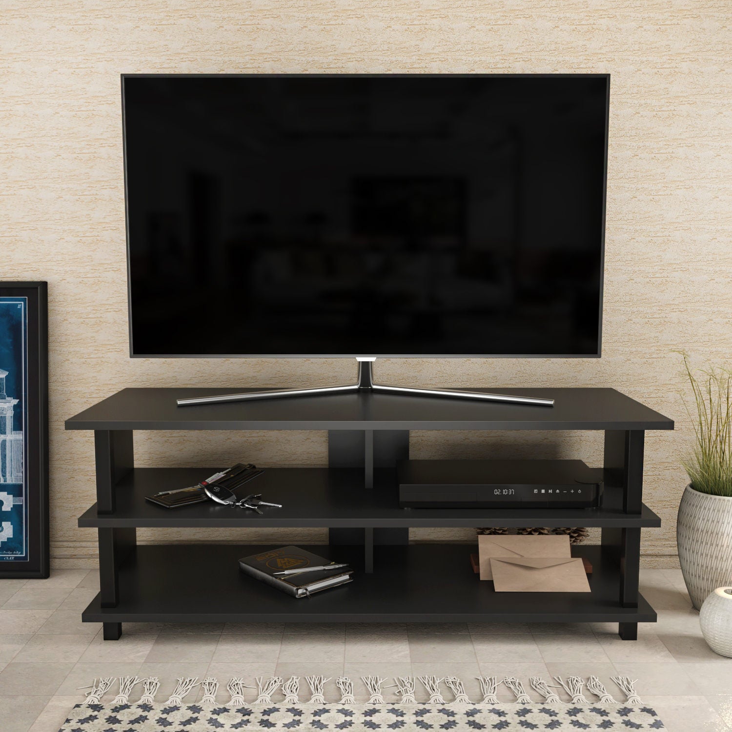Móvel de TV industrial, preto e antracite, 120 x 44,6 x 47,4 cm | Painel de partículas 100% revestido em melamina, 18 mm de espessura | Elegante e durável para salas de estar modernas