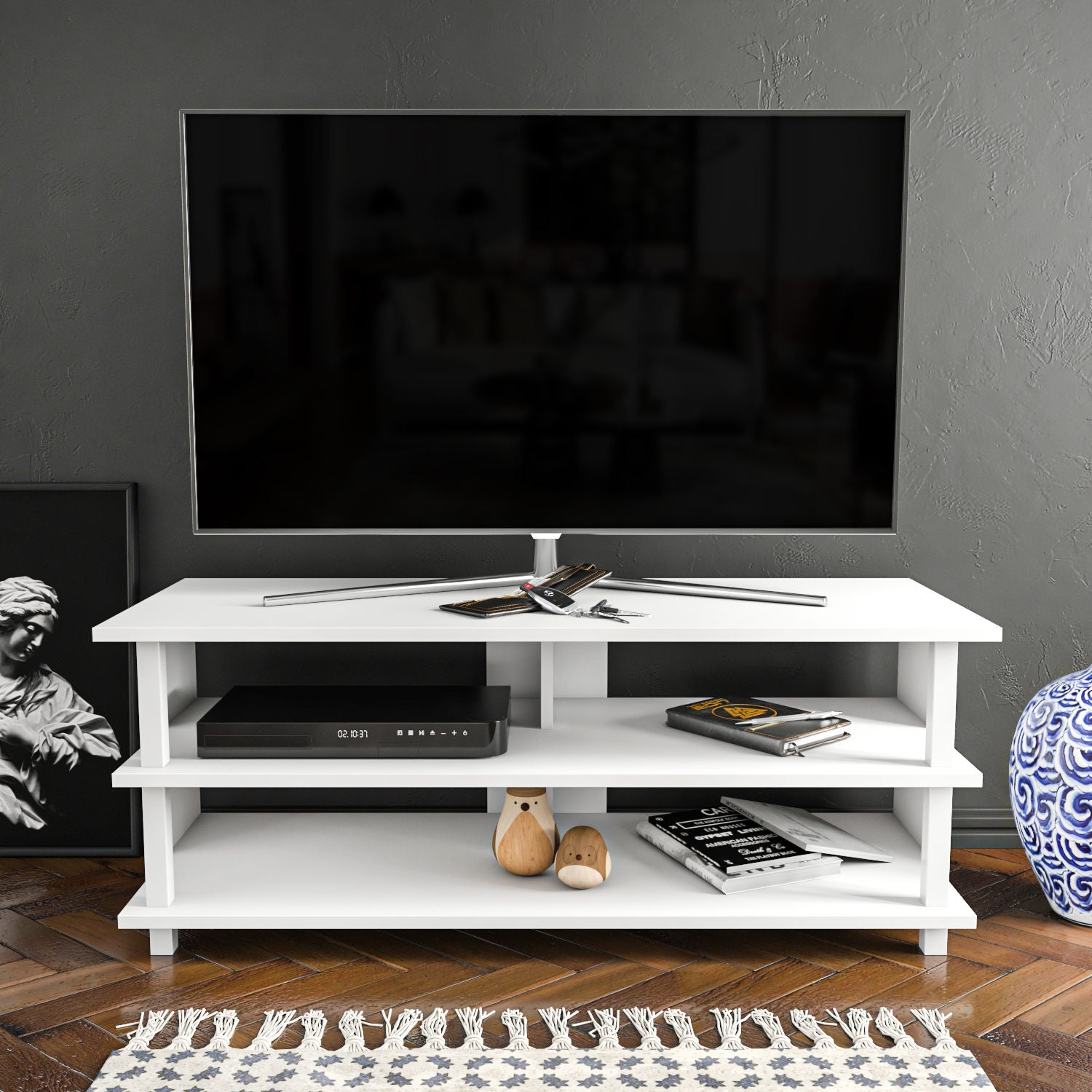 Móvel de TV escandinavo, branco, 120 x 44,6 x 47,4 cm | Painel de partículas 100% revestido de melamina, 18 mm de espessura | Elegante e funcional para salas de estar modernas