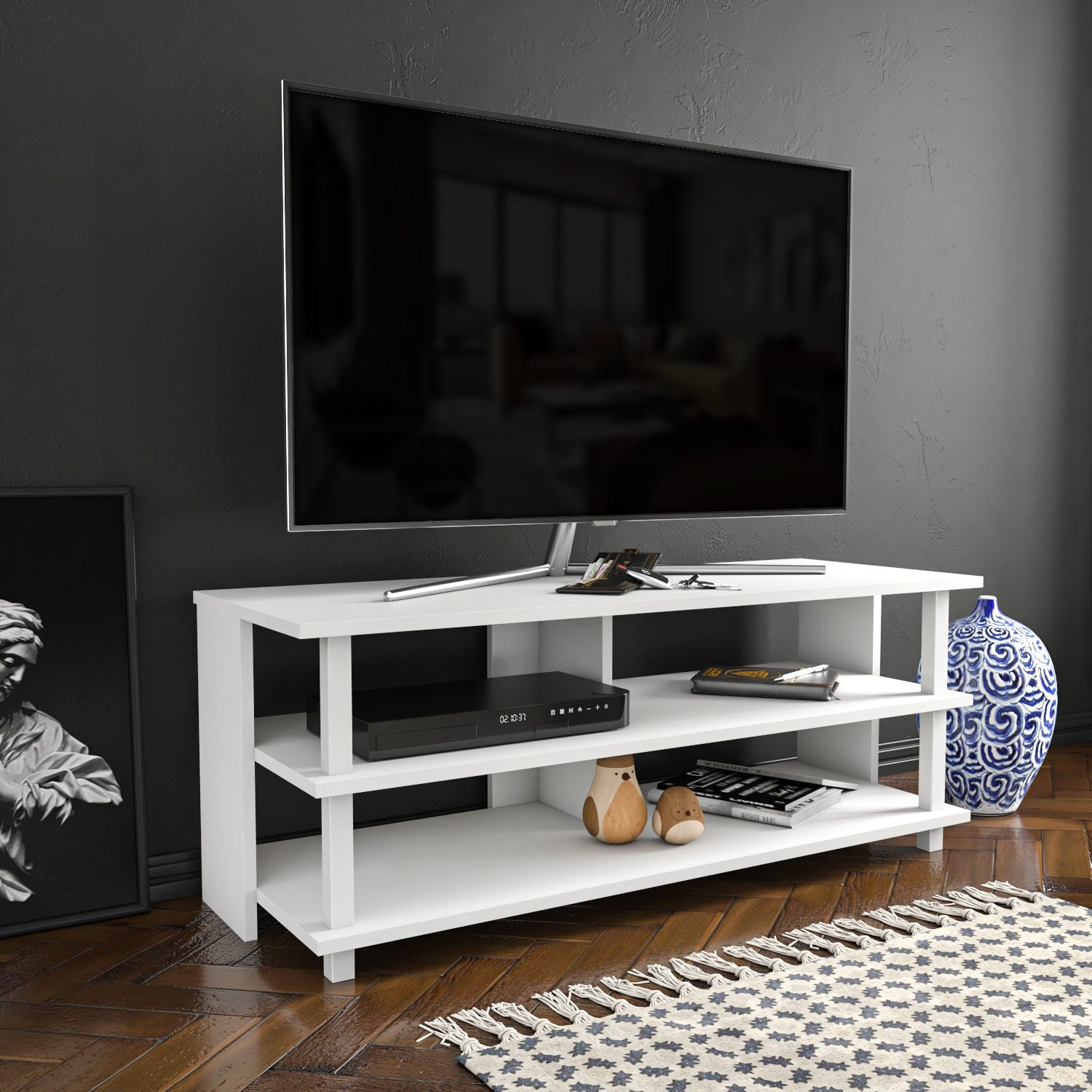 Móvel de TV escandinavo, branco, 120 x 44,6 x 47,4 cm | Painel de partículas 100% revestido de melamina, 18 mm de espessura | Elegante e funcional para salas de estar modernas