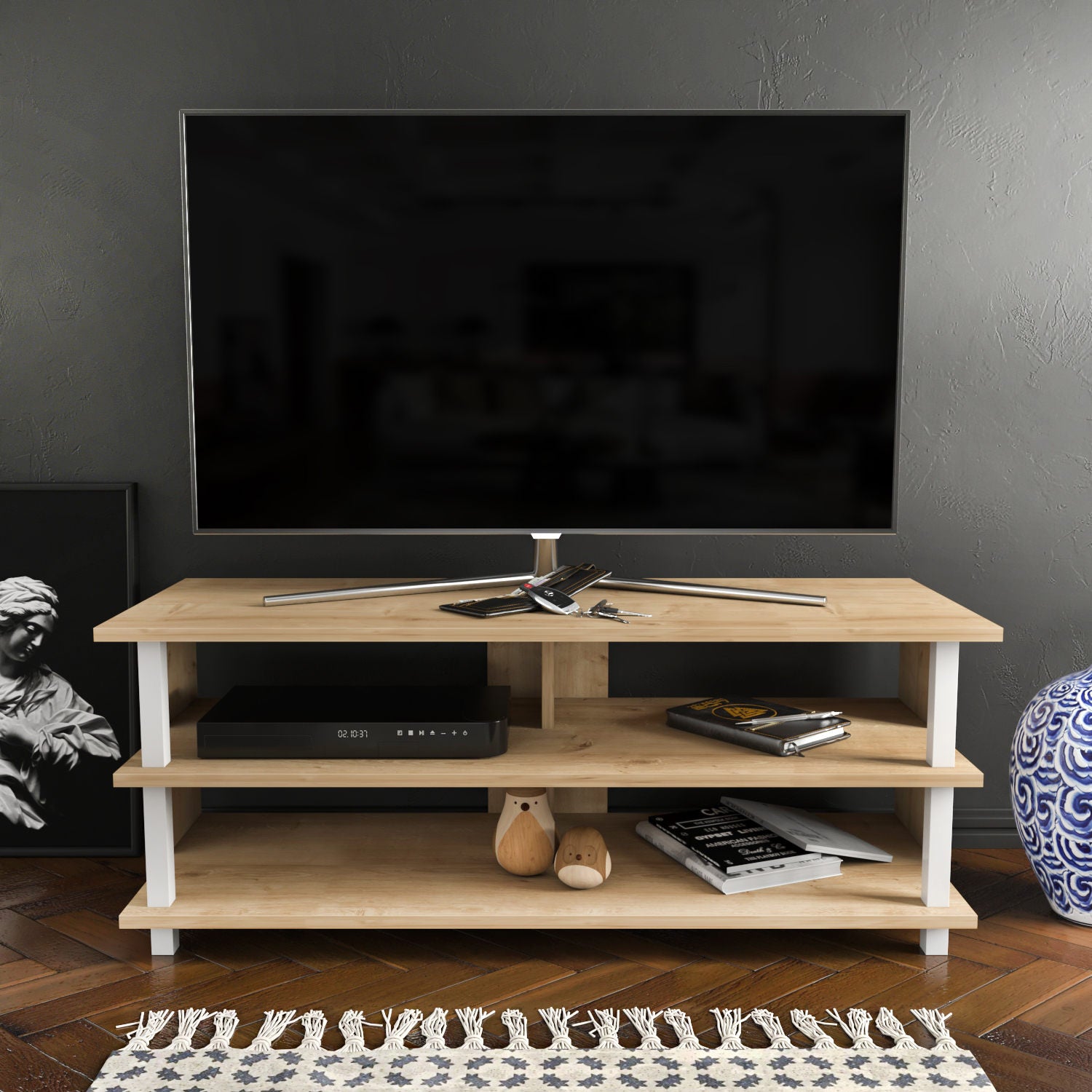 Móvel de TV escandinavo, branco e carvalho, 120 x 44,6 x 47,4 cm | Painel de partículas 100% revestido de melamina, 18 mm de espessura | Elegante e funcional para salas de estar modernas
