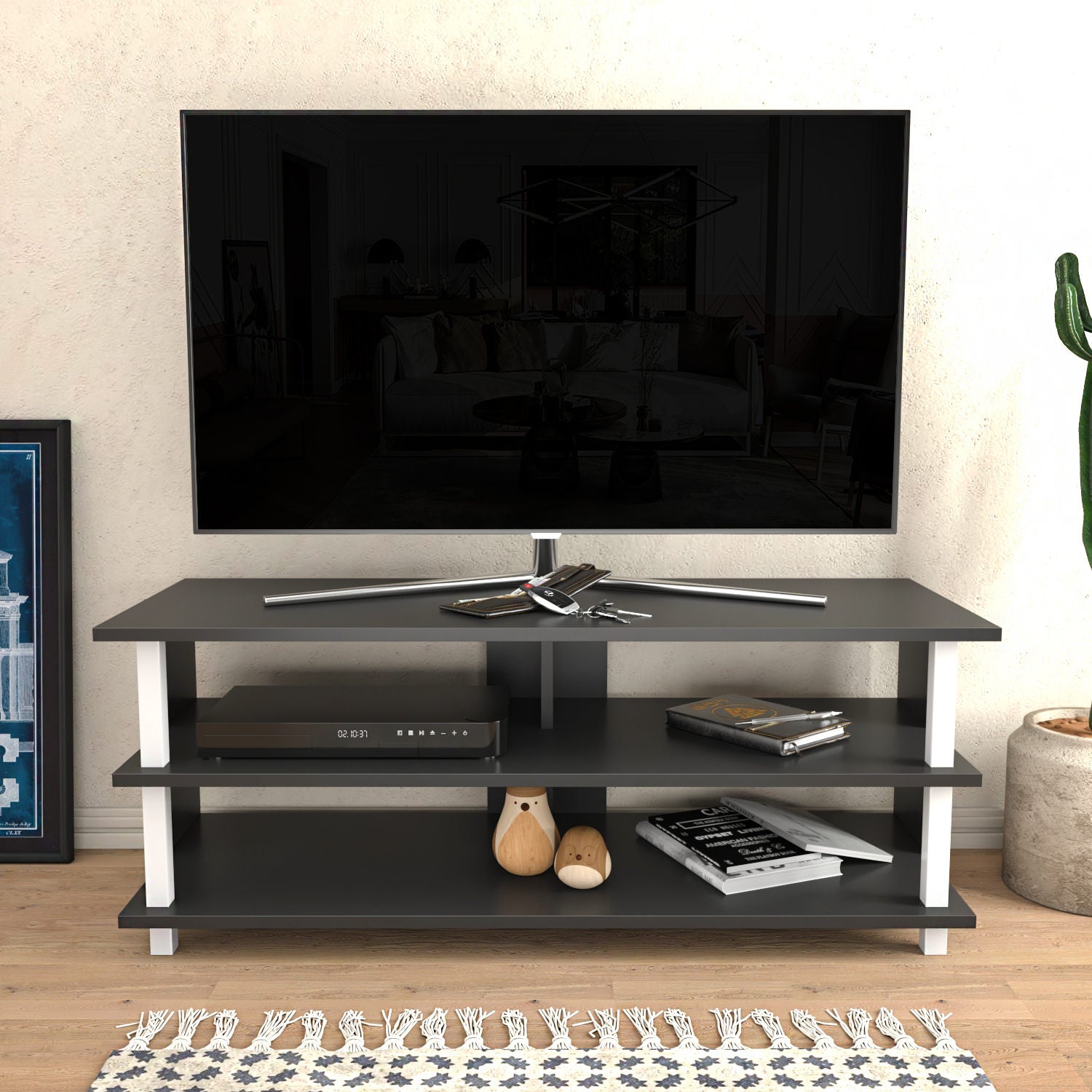 Móvel de TV elegante, 120 cm, branco e antracite | Painel de partículas 100% revestido de melamina, 18 mm de espessura | Design moderno para salas de estar e espaços de entretenimento