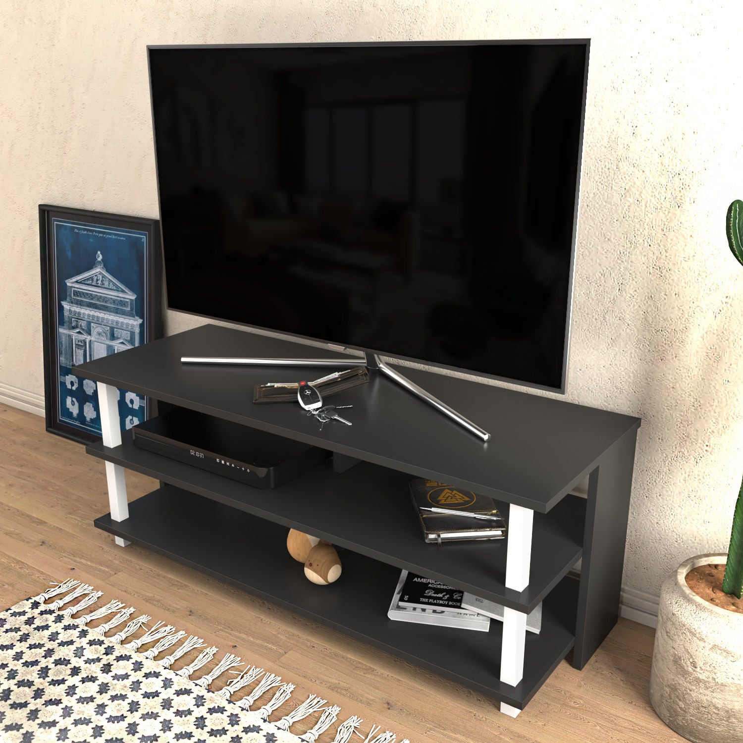 Móvel de TV elegante, 120 cm, branco e antracite | Painel de partículas 100% revestido de melamina, 18 mm de espessura | Design moderno para salas de estar e espaços de entretenimento