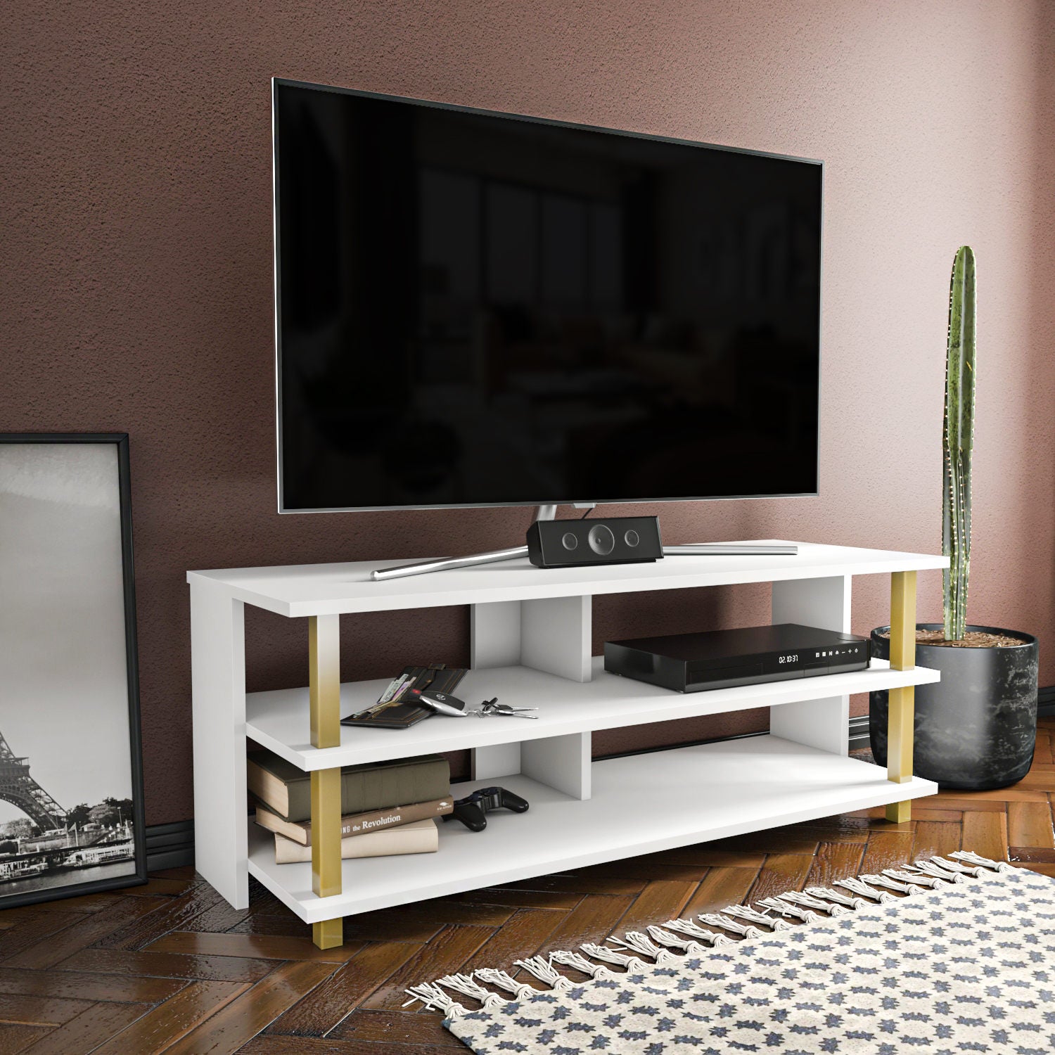 Móvel de TV Glamouroso, Dourado e Branco, 120 x 44,6 x 47,4 cm | Painel de partículas 100% revestido em melamina, 18 mm de espessura | Elegante e funcional para salas de estar modernas