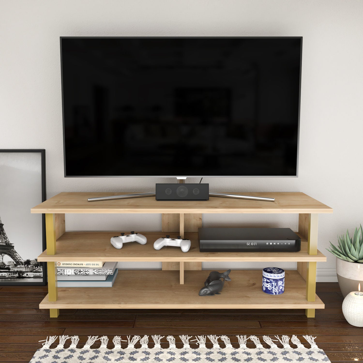 Móvel de TV elegante, dourado e carvalho, 120 x 44,6 x 47,4 cm | Painel de partículas 100% revestido de melamina, 18 mm de espessura | Design moderno para salas de estar e espaços de entretenimento