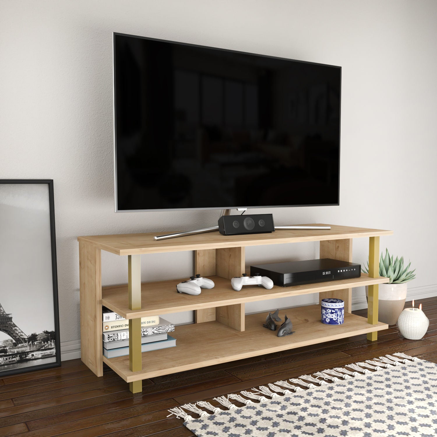 Móvel de TV elegante, dourado e carvalho, 120 x 44,6 x 47,4 cm | Painel de partículas 100% revestido de melamina, 18 mm de espessura | Design moderno para salas de estar e espaços de entretenimento