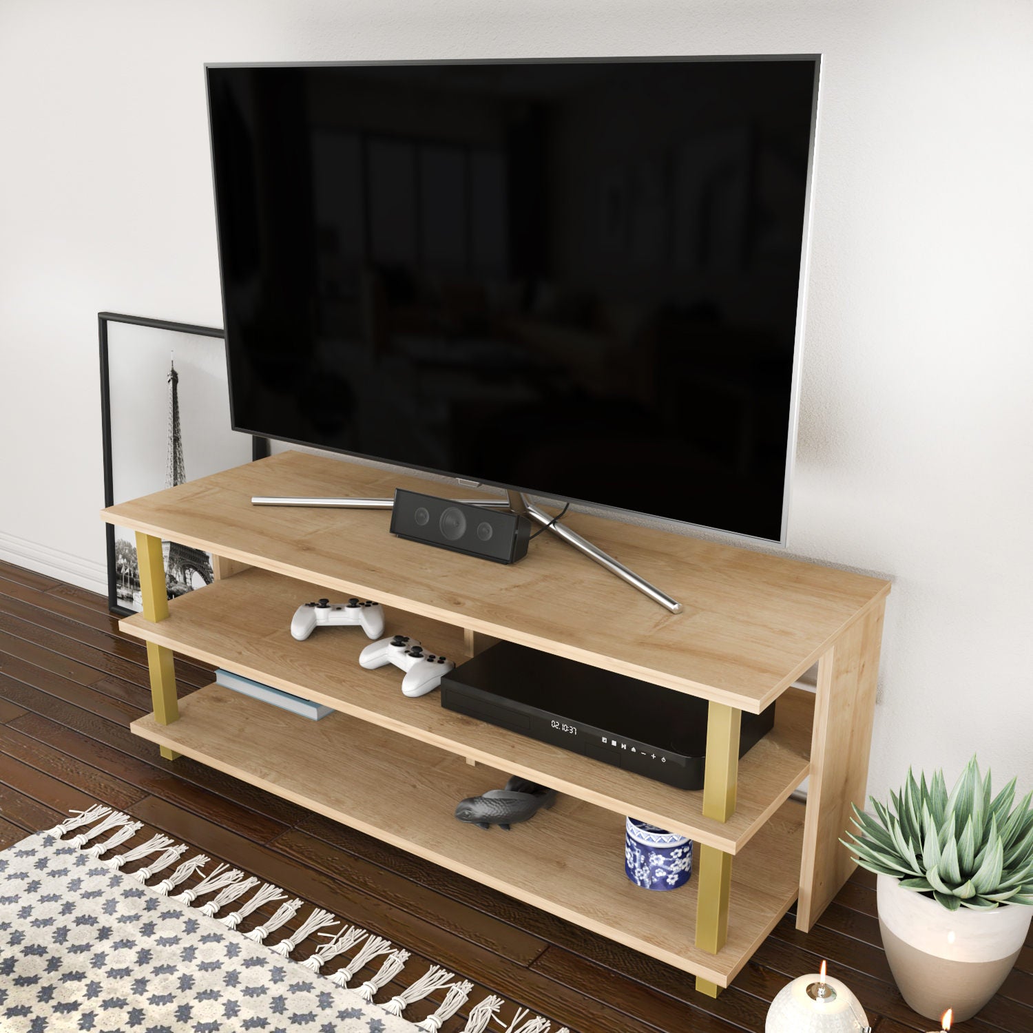 Móvel de TV elegante, dourado e carvalho, 120 x 44,6 x 47,4 cm | Painel de partículas 100% revestido de melamina, 18 mm de espessura | Design moderno para salas de estar e espaços de entretenimento
