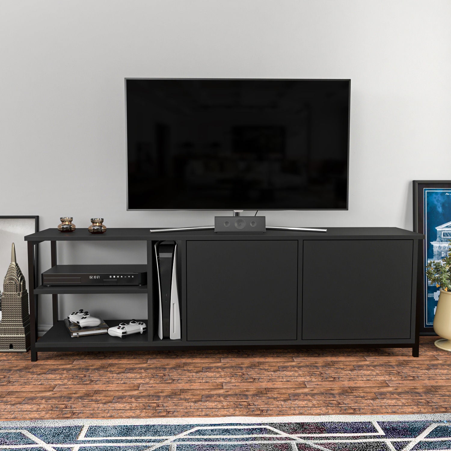 Móvel de TV industrial, preto e antracite, 160 cm x 35,3 cm x 50,8 cm | Painel de partículas 100% revestido de melamina, 18 mm de espessura | Design elegante e durável para salas de estar modernas