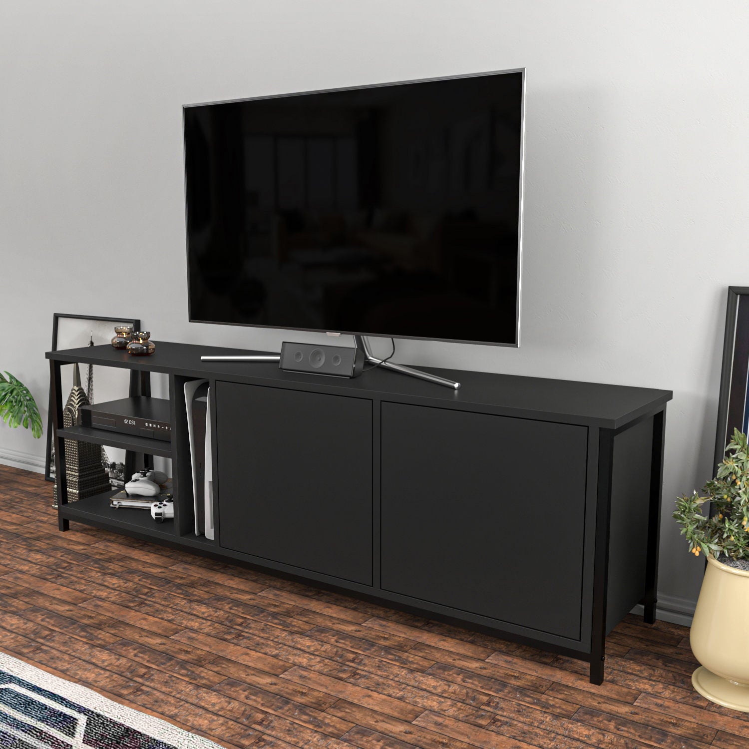 Móvel de TV industrial, preto e antracite, 160 cm x 35,3 cm x 50,8 cm | Painel de partículas 100% revestido de melamina, 18 mm de espessura | Design elegante e durável para salas de estar modernas