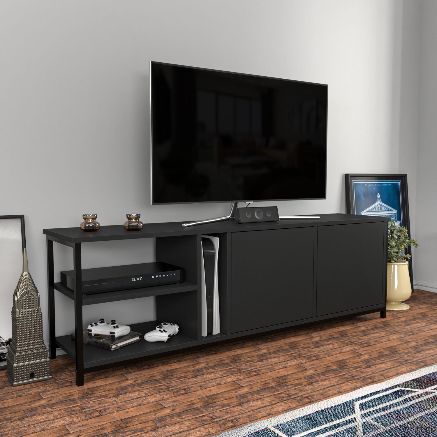 Móvel de TV industrial, preto e antracite, 160 cm x 35,3 cm x 50,8 cm | Painel de partículas 100% revestido de melamina, 18 mm de espessura | Design elegante e durável para salas de estar modernas