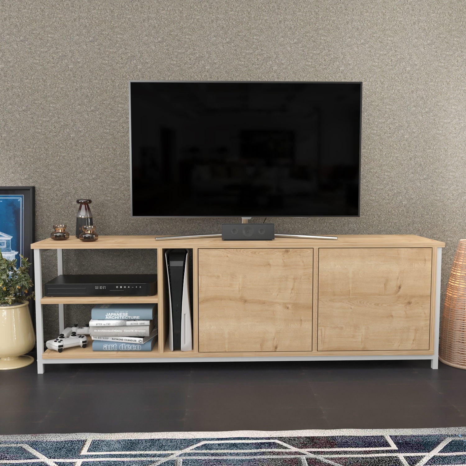 Móvel de TV escandinavo, branco e carvalho, 160 cm x 35,3 cm x 50,8 cm | Painel de partículas 100% revestido de melamina, 18 mm de espessura | Design elegante e funcional para salas de estar modernas
