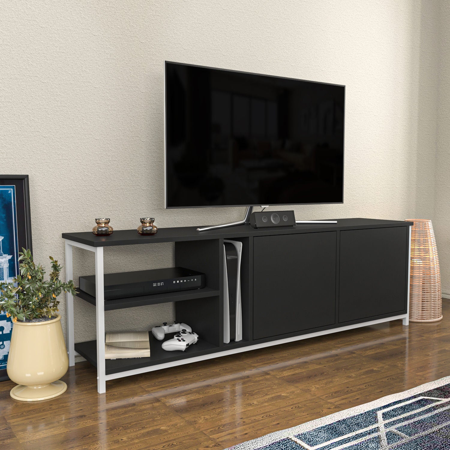 Móvel de TV elegante, 160 cm de largura, branco e antracite | Painel de partículas 100% revestido de melamina, 18 mm de espessura | Design moderno para salas de estar e espaços de entretenimento