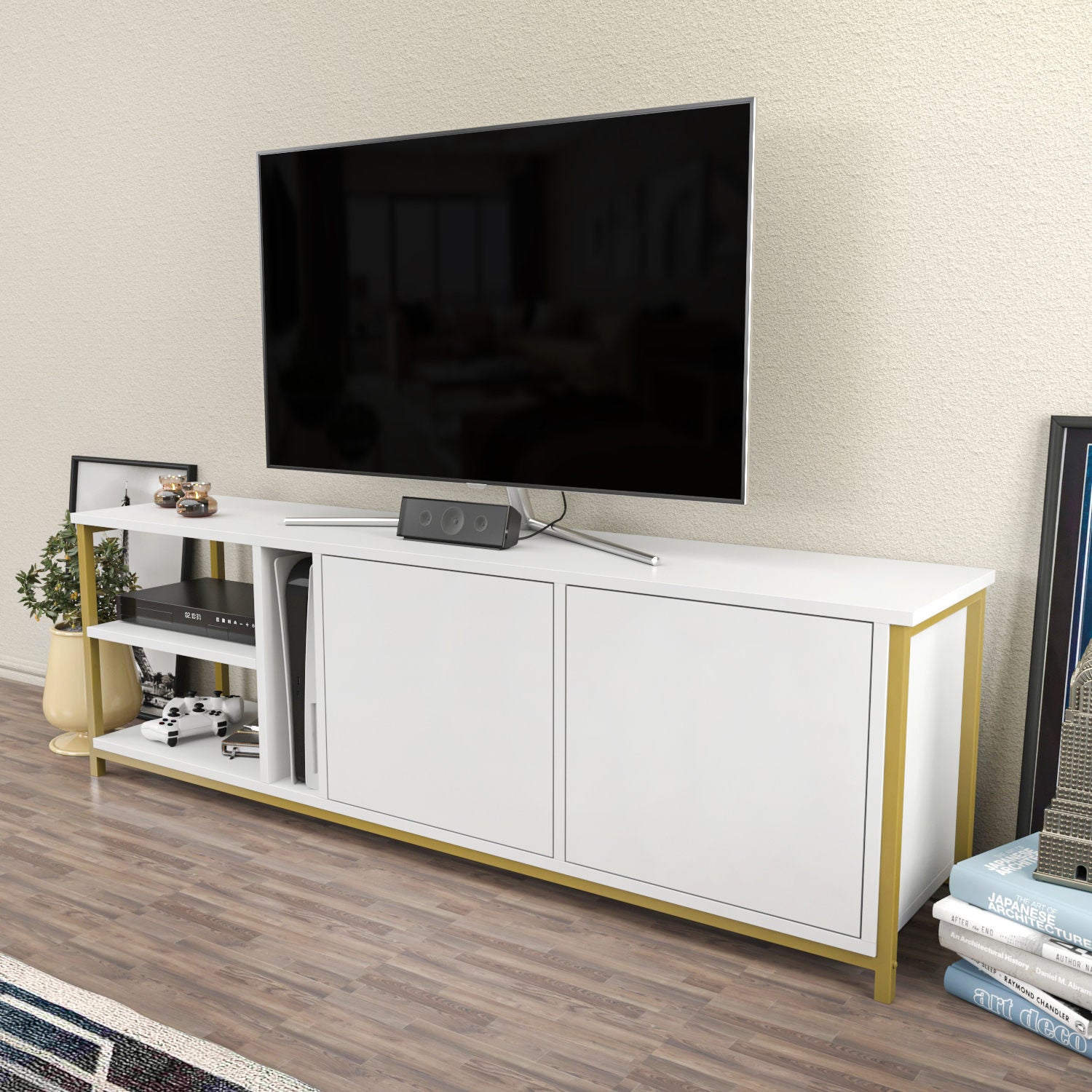 Móvel de TV elegante, branco e dourado, 160 cm x 35,3 cm x 50,8 cm | Painel de partículas 100% revestido de melamina, 18 mm de espessura | Elegante e funcional para salas de estar modernas