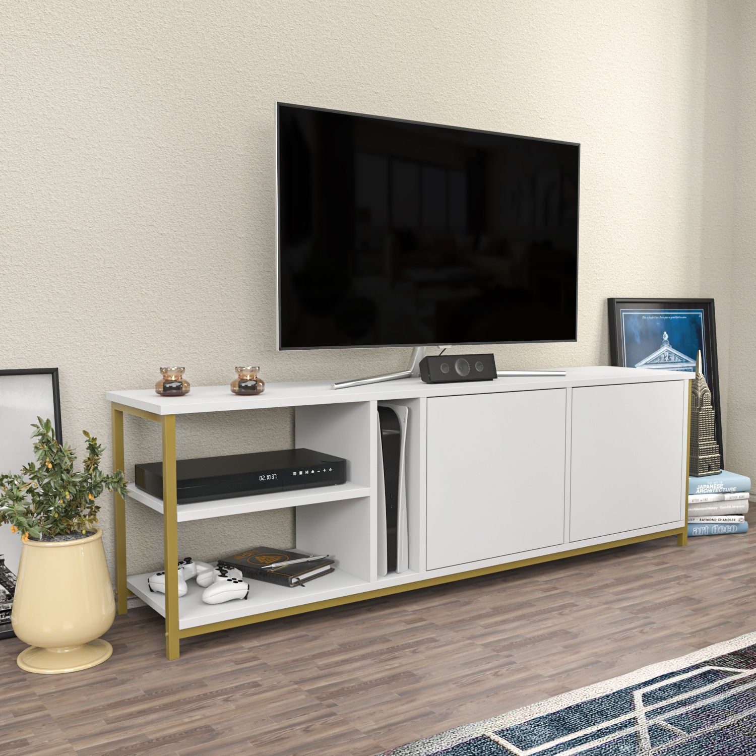 Móvel de TV elegante, branco e dourado, 160 cm x 35,3 cm x 50,8 cm | Painel de partículas 100% revestido de melamina, 18 mm de espessura | Elegante e funcional para salas de estar modernas