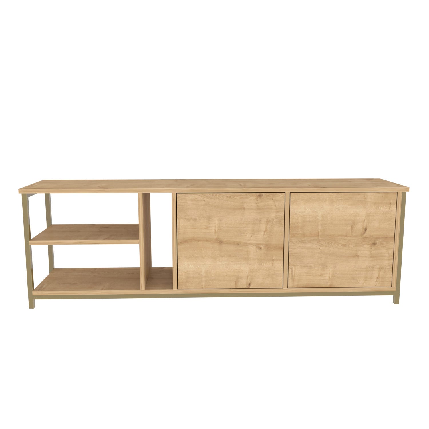 Móvel de TV elegante em carvalho e dourado, 160 cm de largura, 50,8 cm de altura | Painel de partículas 100% revestido em melamina, 18 mm de espessura | Perfeito para salas de estar modernas