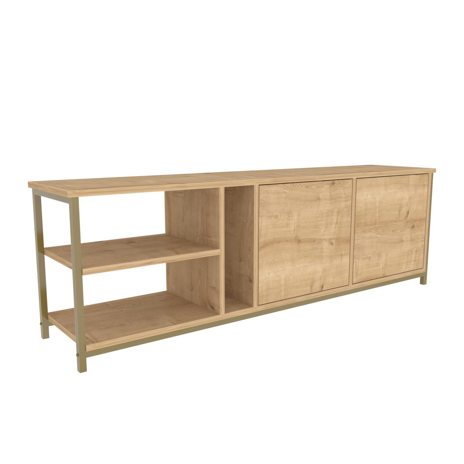 Móvel de TV elegante em carvalho e dourado, 160 cm de largura, 50,8 cm de altura | Painel de partículas 100% revestido em melamina, 18 mm de espessura | Perfeito para salas de estar modernas