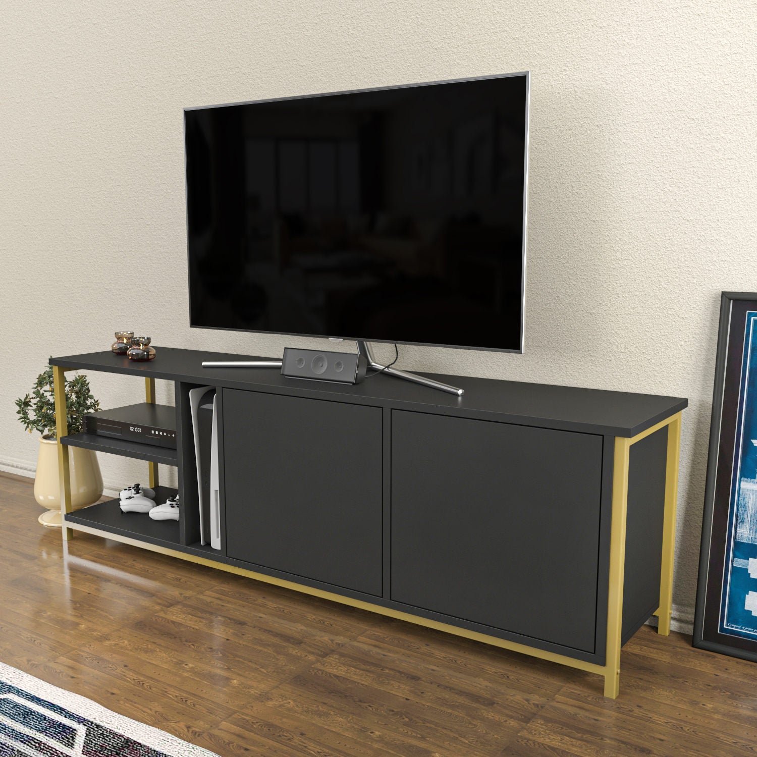 Móvel de TV Glamouroso, Antracite e Dourado, 160 x 35,3 x 50,8 cm | Painel de partículas 100% revestido em melamina, 18 mm de espessura | Elegante e funcional para salas de estar modernas