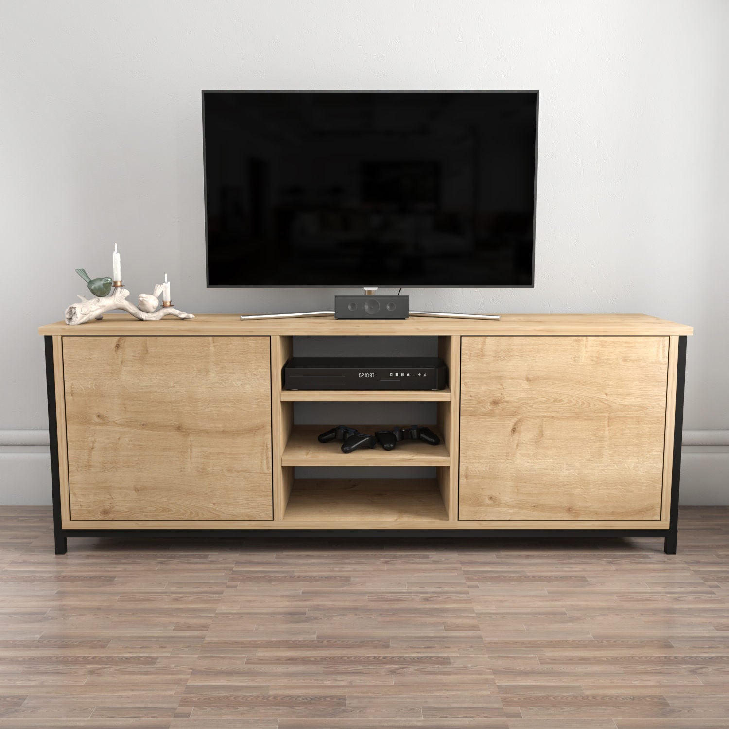 Móvel de TV industrial, carvalho e preto, 140 x 35,3 x 50,8 cm | Painel de partículas 100% revestido de melamina, 18 mm de espessura | Elegante e durável para salas de estar modernas