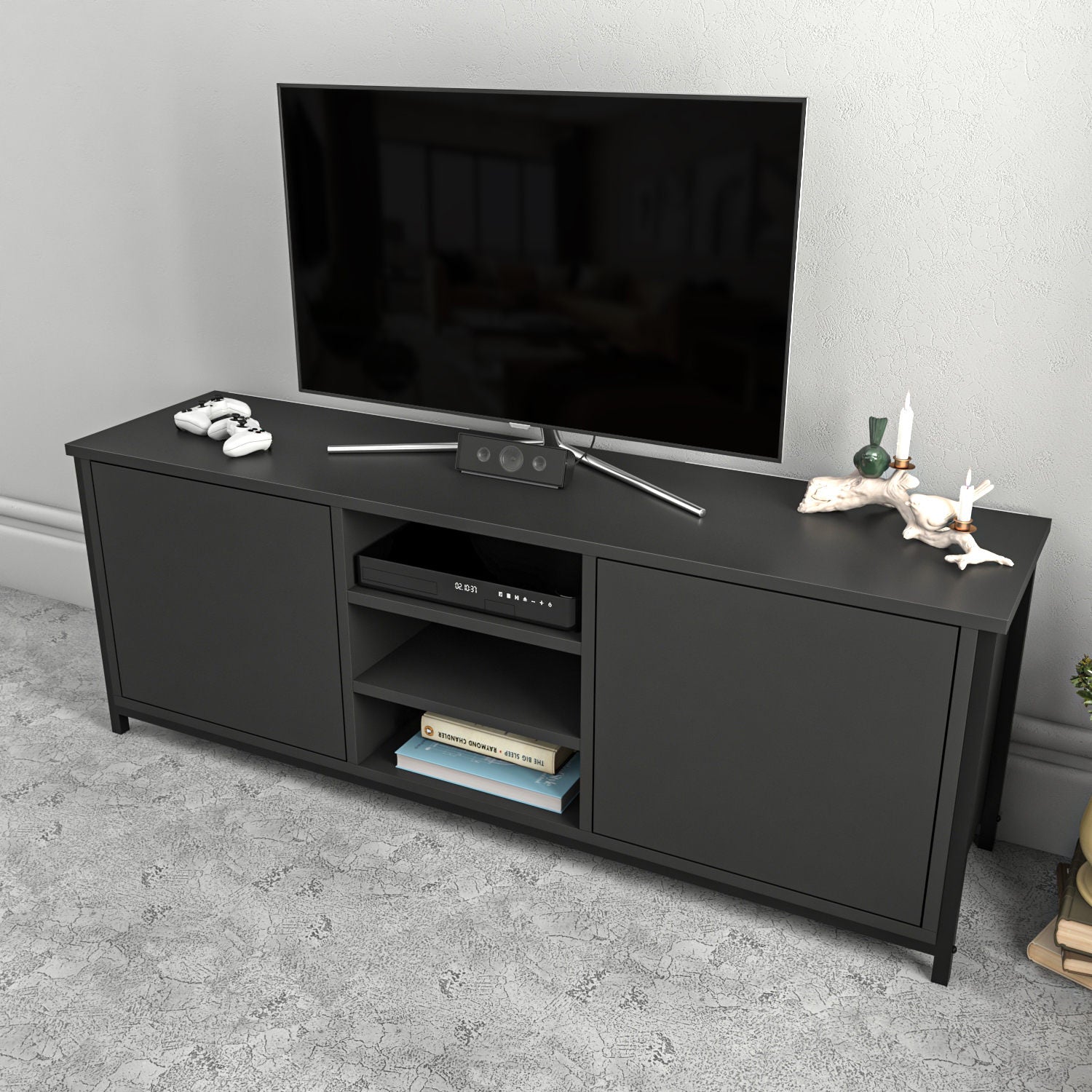 Móvel de TV industrial, preto e antracite, 140 x 35,3 x 50,8 cm | Painel de partículas 100% revestido de melamina, 18 mm de espessura | Elegante e durável para salas de estar modernas