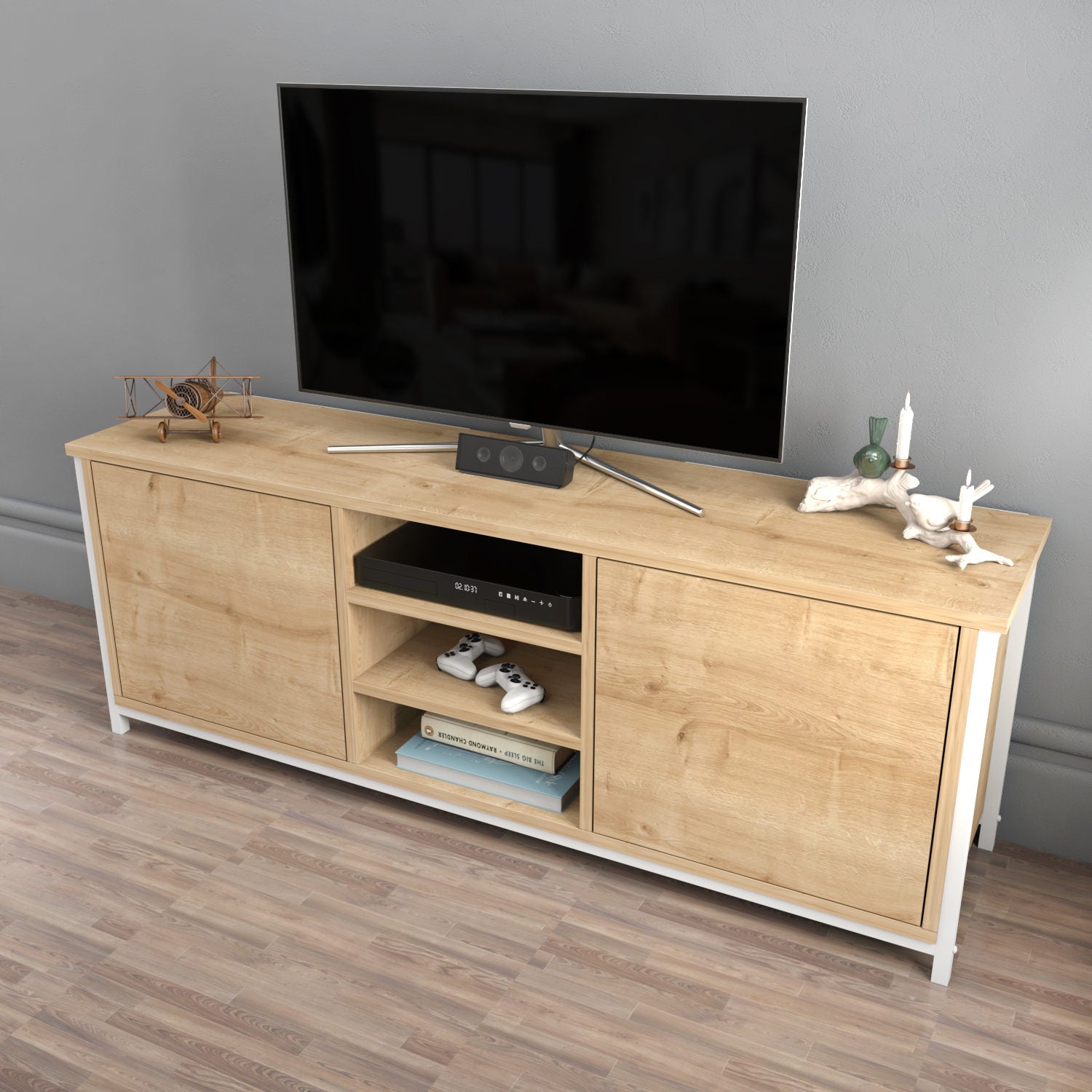 Móvel de TV escandinavo, branco e carvalho, 140 x 35,3 x 50,8 cm | Painel de partículas 100% revestido de melamina, 18 mm de espessura | Elegante e funcional para salas de estar modernas