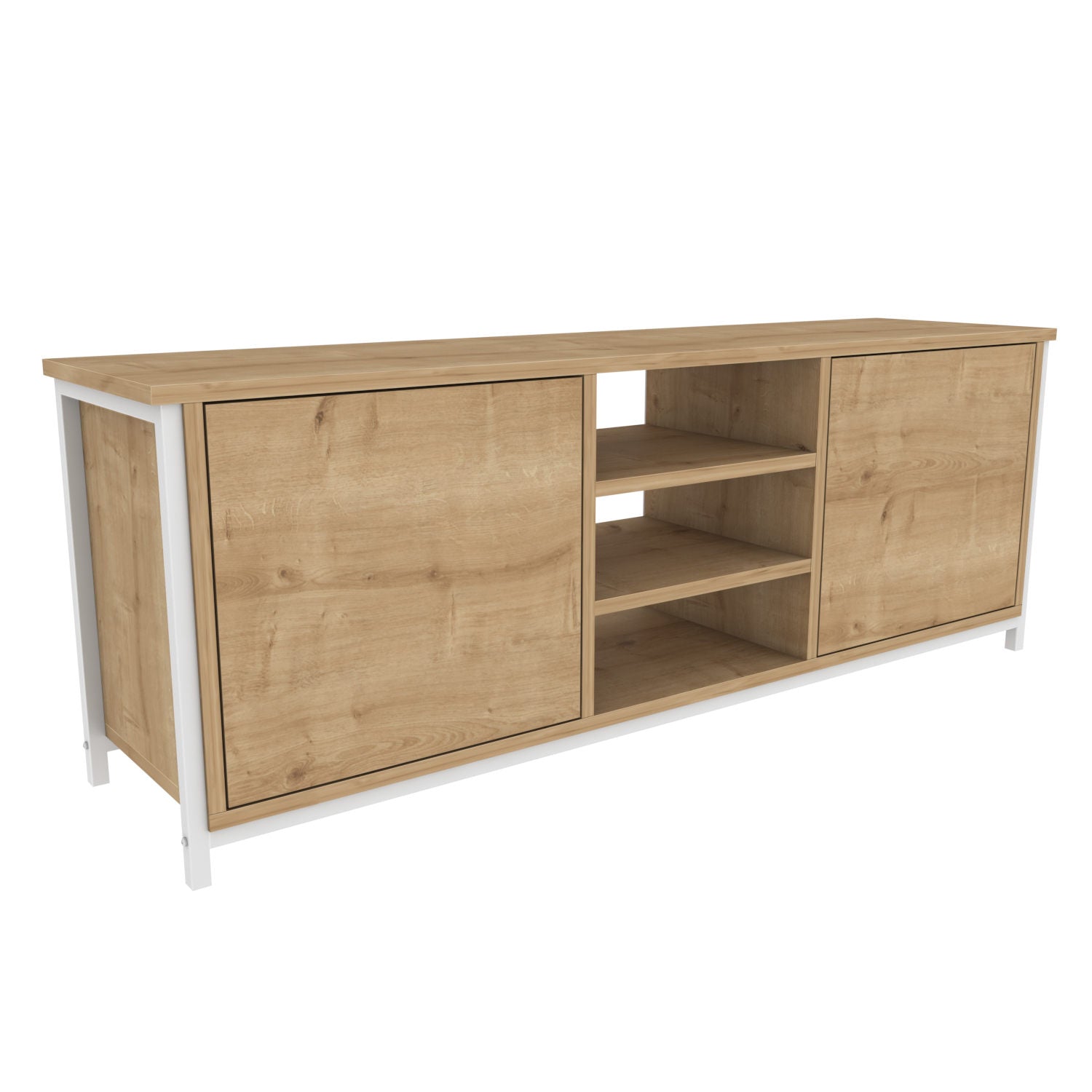 Móvel de TV escandinavo, branco e carvalho, 140 x 35,3 x 50,8 cm | Painel de partículas 100% revestido de melamina, 18 mm de espessura | Elegante e funcional para salas de estar modernas