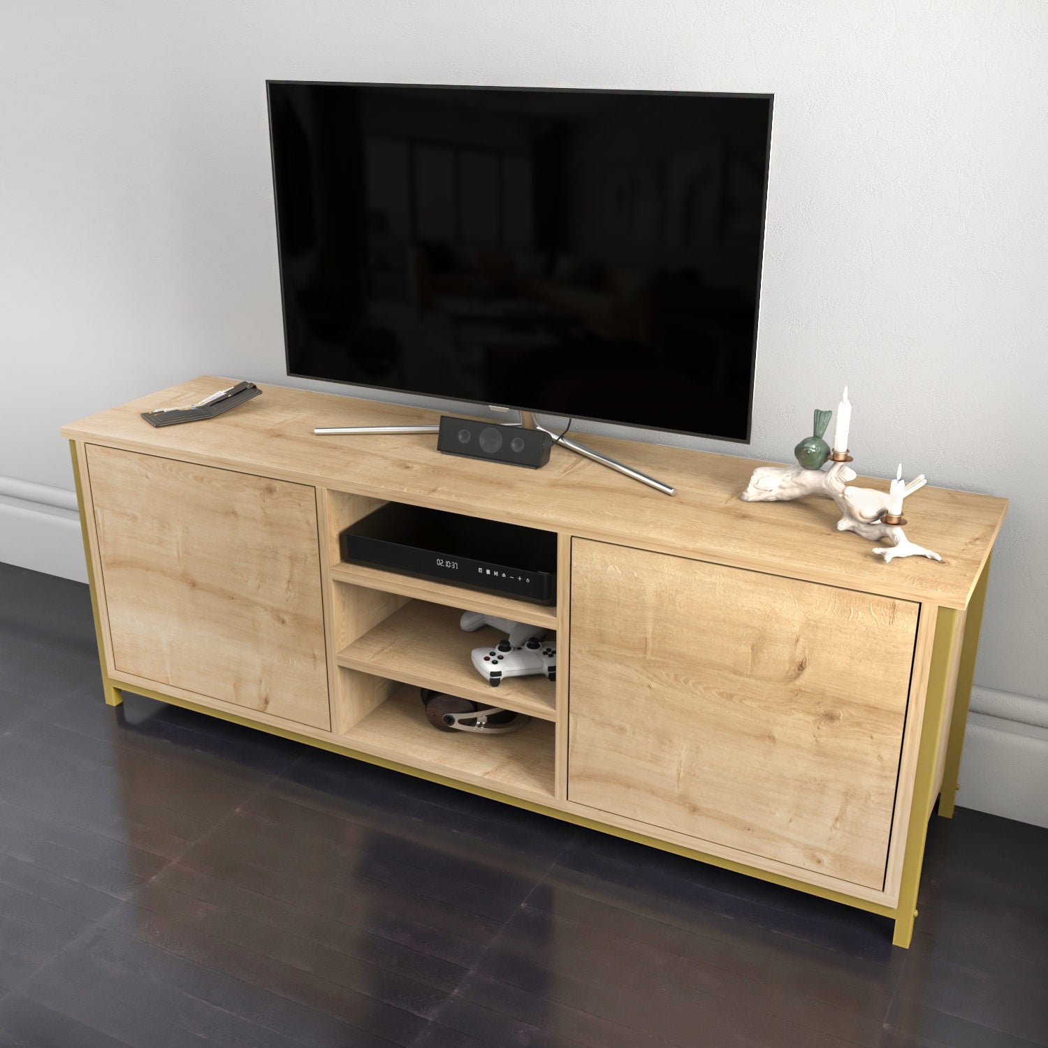 Móvel de TV Glamouroso, Dourado e Carvalho, 140 x 35,3 x 50,8 cm | Painel de partículas 100% revestido em melamina, 18 mm de espessura | Elegante e funcional para salas de estar modernas