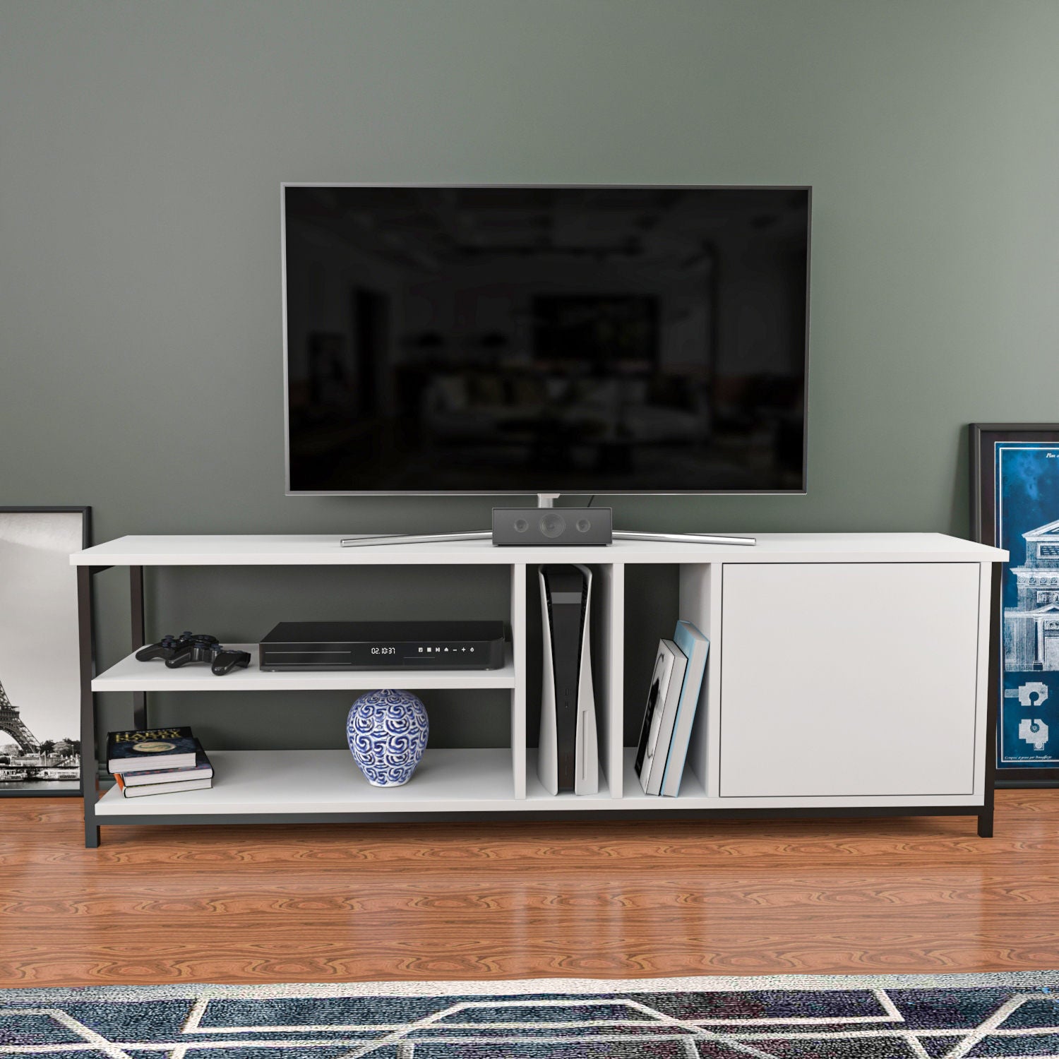 Móvel de TV elegante, preto e branco, 140 cm x 35,3 cm x 50,8 cm | Painel de partículas 100% revestido de melamina, 18 mm de espessura | Design moderno para salas de estar e espaços de entretenimento