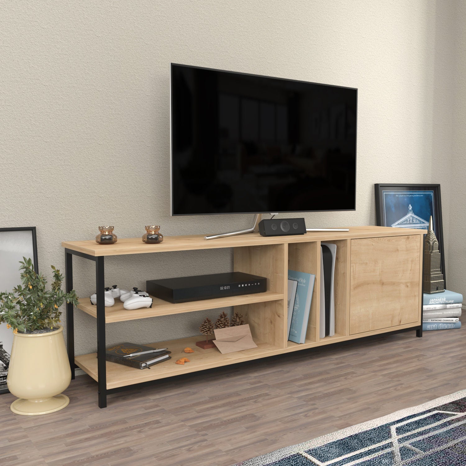 Móvel de TV industrial, preto e carvalho, 140 cm x 35,3 cm x 50,8 cm | Painel de partículas 100% revestido de melamina, 18 mm de espessura | Elegante e durável para salas de estar modernas