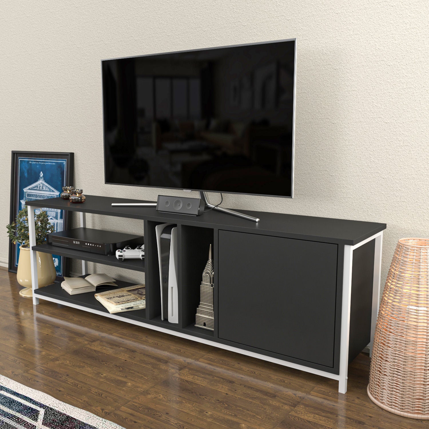 Móvel de TV elegante, branco e antracite, 140 x 35,3 x 50,8 cm | Painel de partículas 100% revestido de melamina, 18 mm de espessura | Design moderno para salas de estar e espaços de entretenimento