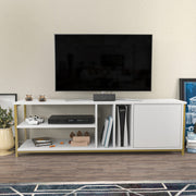 Elegante Móvel de TV dourado e branco, 140 cm x 35,3 cm x 50,8 cm | Painel de partículas 100% revestido de melamina, 18 mm de espessura | Armazenamento elegante para salas de estar modernas