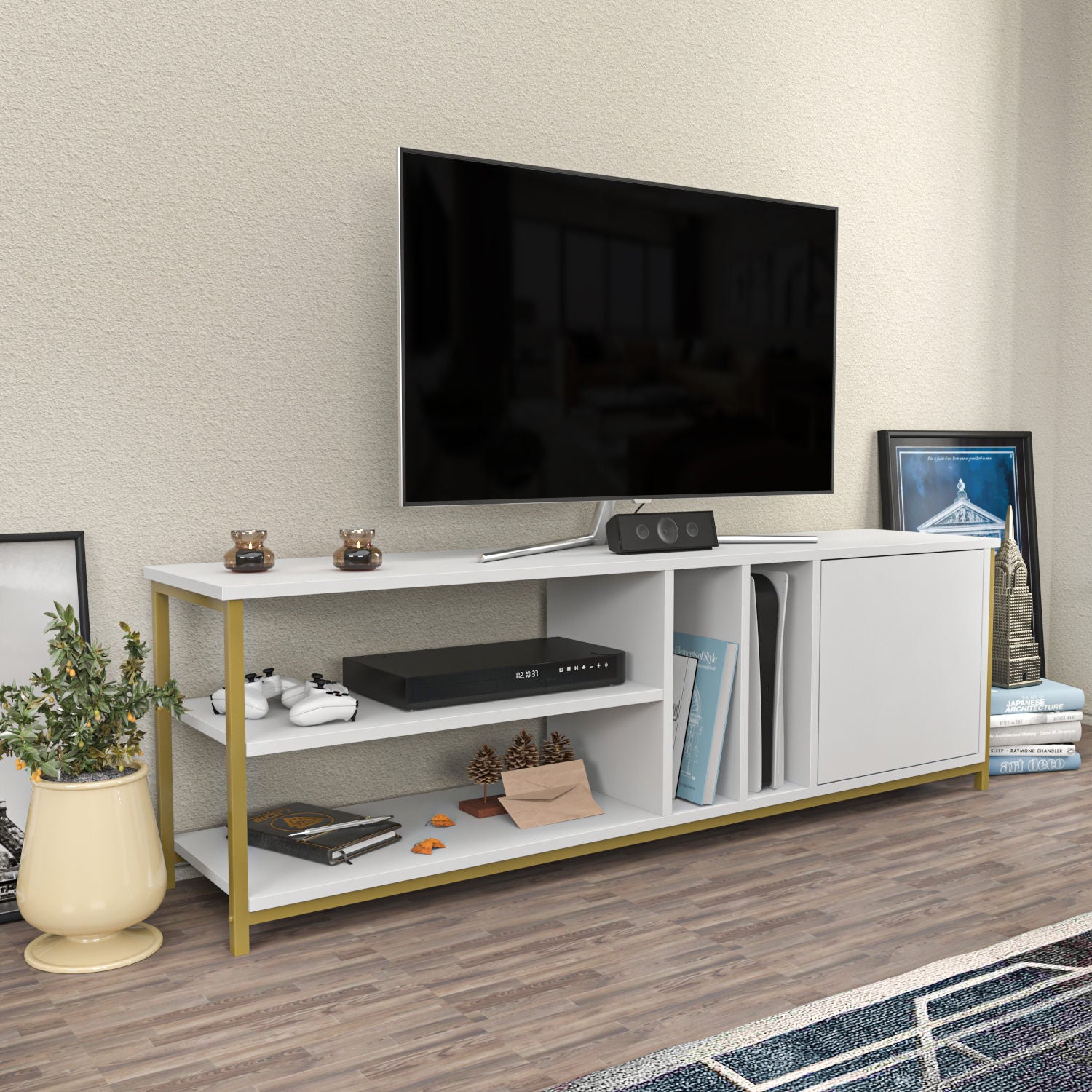 Elegante Móvel de TV dourado e branco, 140 cm x 35,3 cm x 50,8 cm | Painel de partículas 100% revestido de melamina, 18 mm de espessura | Armazenamento elegante para salas de estar modernas