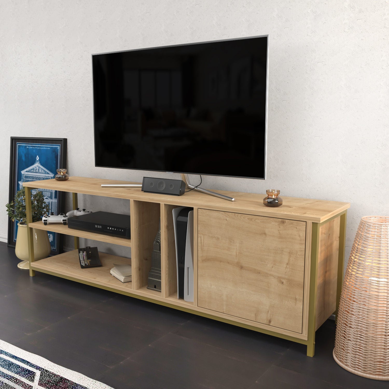 Móvel de TV Glamouroso, Dourado e Carvalho, 140 x 35,3 x 50,8 cm | Painel de partículas 100% revestido em melamina, 18 mm de espessura | Elegante e funcional para salas de estar modernas