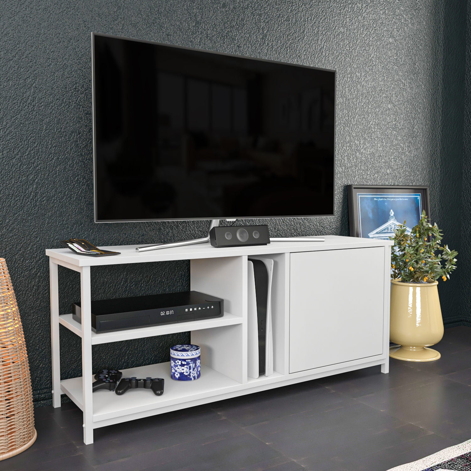 Móvel de TV escandinavo, branco, 120 x 35,3 x 50,8 cm | Painel de partículas 100% revestido de melamina, 18 mm de espessura | Elegante e funcional para salas de estar modernas