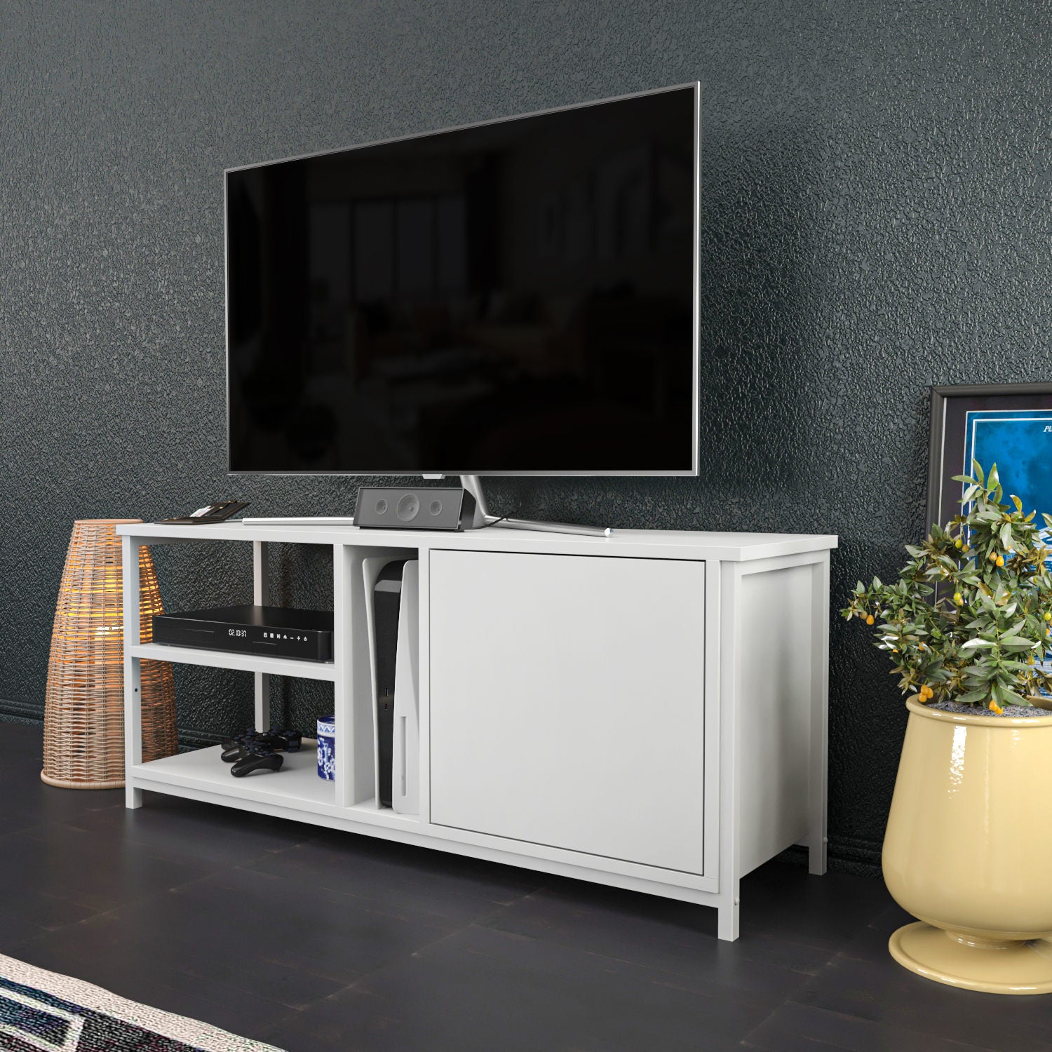 Móvel de TV escandinavo, branco, 120 x 35,3 x 50,8 cm | Painel de partículas 100% revestido de melamina, 18 mm de espessura | Elegante e funcional para salas de estar modernas