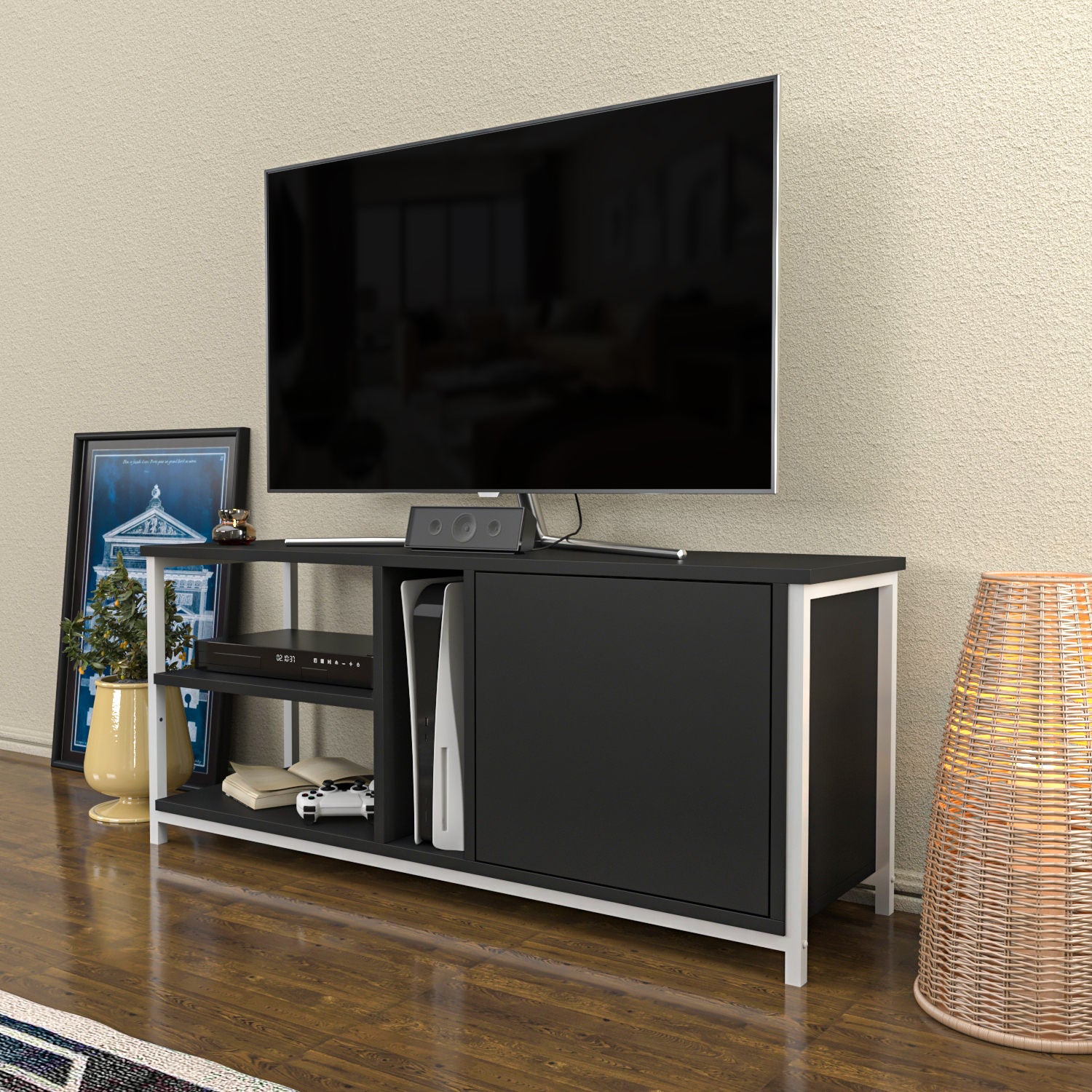 Móvel de TV elegante, 120 cm de largura, branco e antracite | Painel de partículas 100% revestido de melamina, 18 mm de espessura | Design moderno para salas de estar e espaços de entretenimento