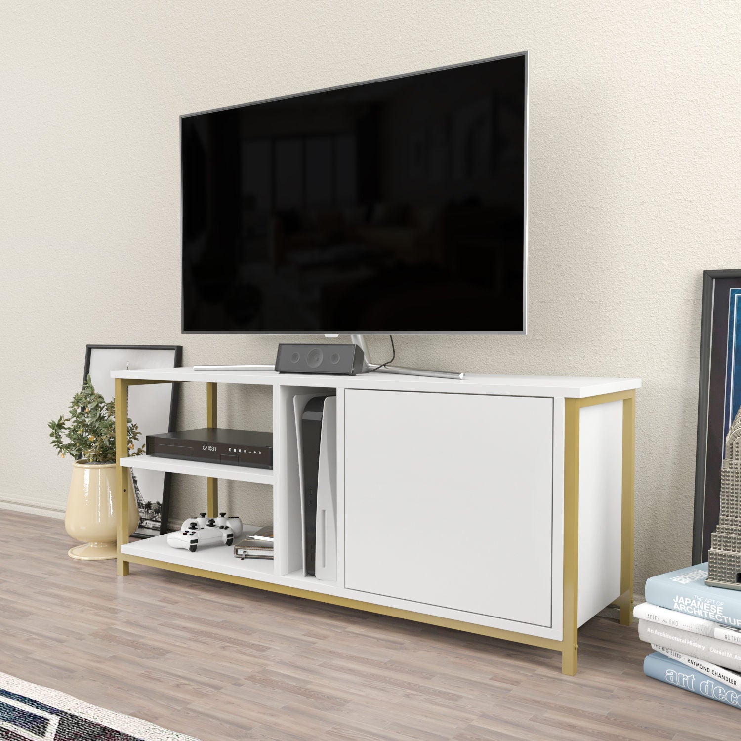 Móvel de TV Glamouroso, Dourado e Branco, 120 x 35,3 x 50,8 cm | Painel de partículas 100% revestido em melamina, 18 mm de espessura | Elegante e funcional para salas de estar modernas