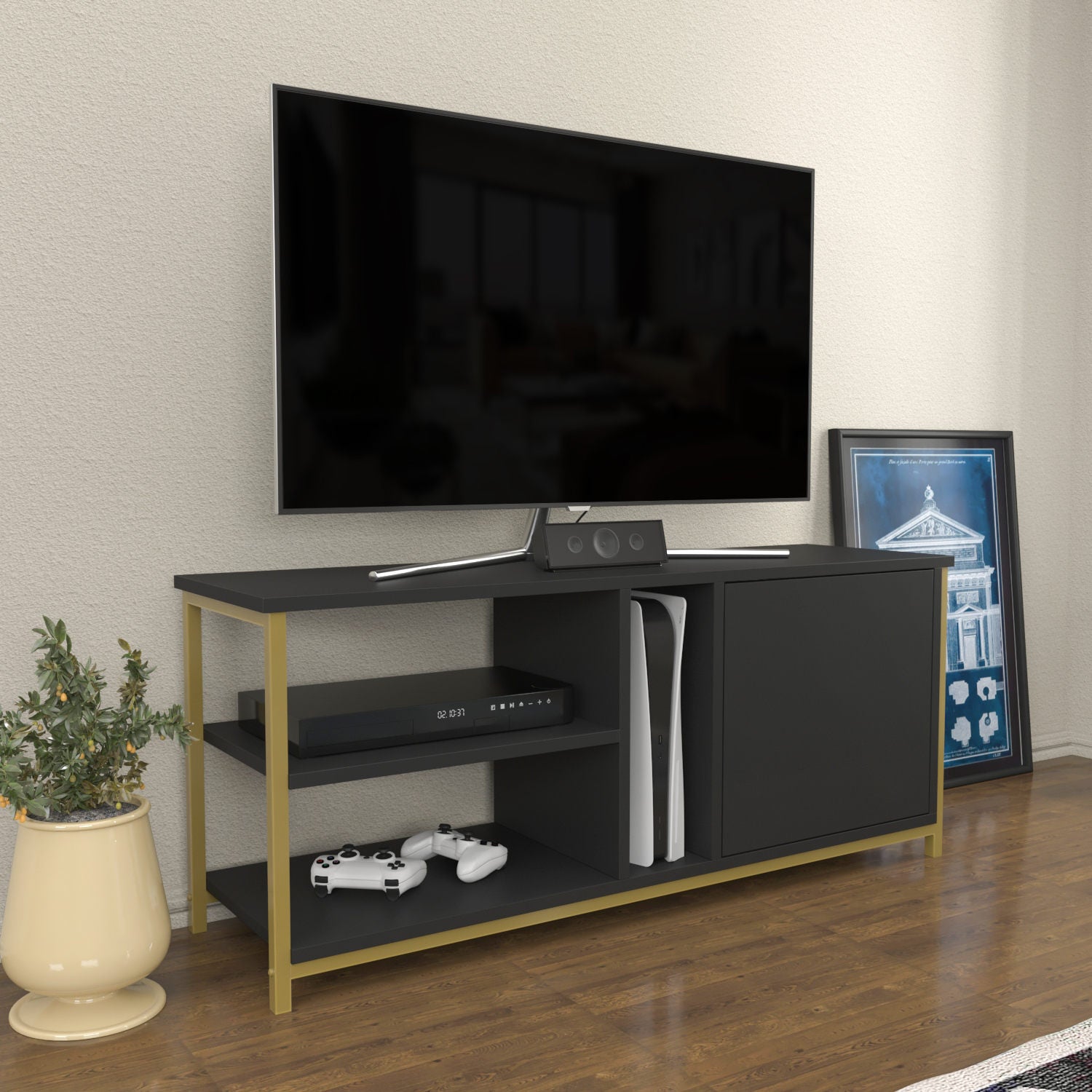 Móvel de TV Glamouroso, Dourado e Antracite, 120 x 35,3 x 50,8 cm | Painel de partículas 100% revestido em melamina, 18 mm de espessura | Elegante e funcional para salas de estar modernas