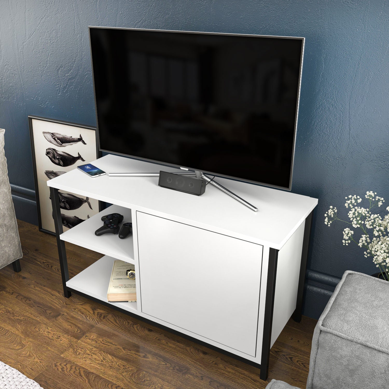 Móvel de TV elegante, preto e branco, 89,6 x 35,3 x 50,8 cm | Painel de partículas 100% revestido de melamina e estrutura de metal, 18 mm de espessura | Design moderno para sala de estar