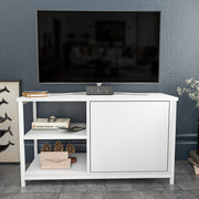 Móvel de TV escandinavo, branco, 89,6 x 35,3 x 50,8 cm | Painel de partículas 100% revestido em melamina e estrutura de metal, 18 mm de espessura | Design elegante e funcional para salas de estar modernas