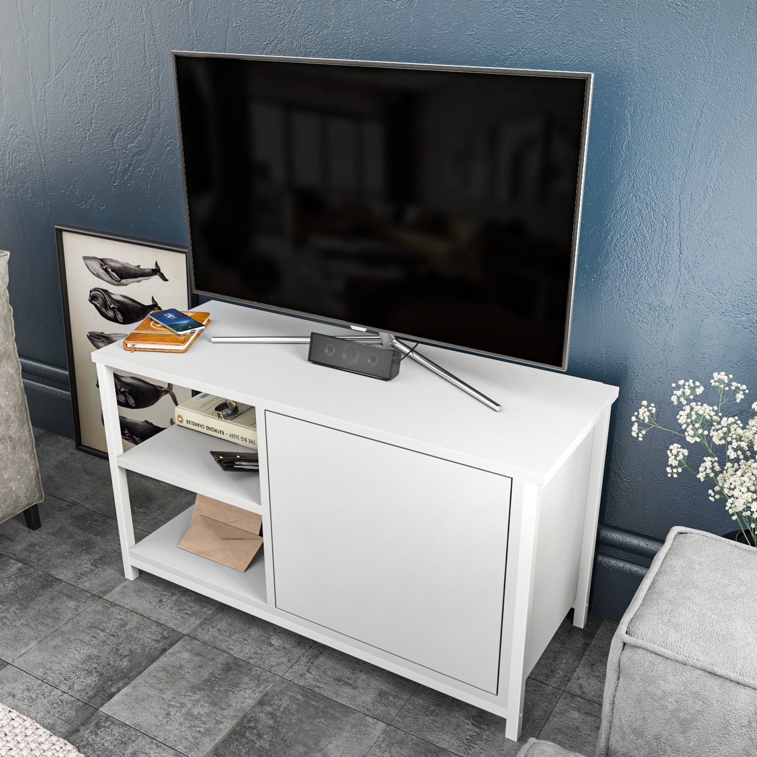 Móvel de TV escandinavo, branco, 89,6 x 35,3 x 50,8 cm | Painel de partículas 100% revestido em melamina e estrutura de metal, 18 mm de espessura | Design elegante e funcional para salas de estar modernas