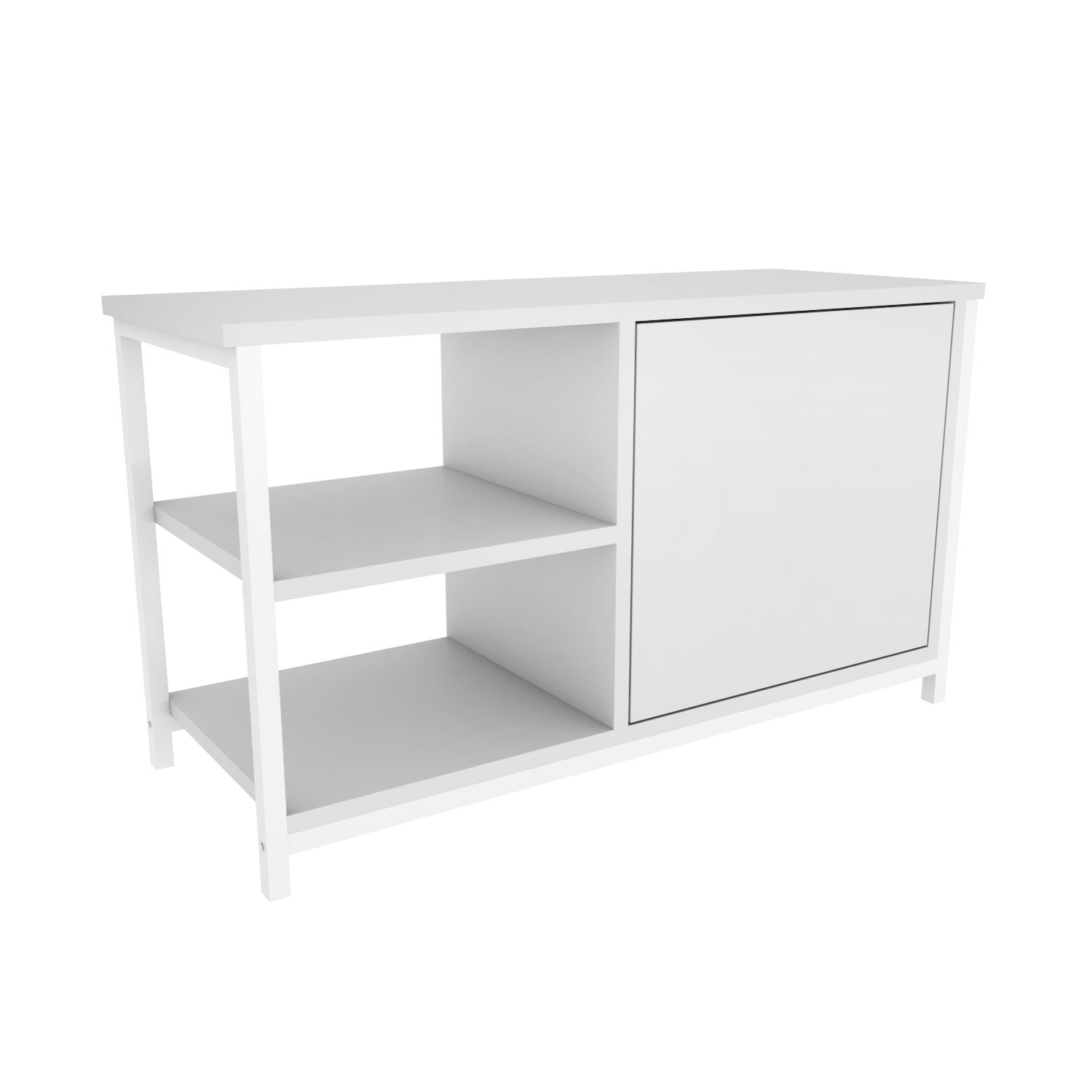 Móvel de TV escandinavo, branco, 89,6 x 35,3 x 50,8 cm | Painel de partículas 100% revestido em melamina e estrutura de metal, 18 mm de espessura | Design elegante e funcional para salas de estar modernas