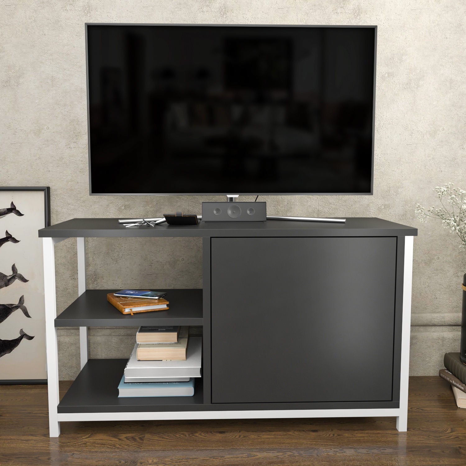 Móvel de TV elegante, branco e antracite, 89,6 x 35,3 x 50,8 cm | Painel de partículas 100% revestido de melamina e estrutura de metal | Design moderno para sala de estar
