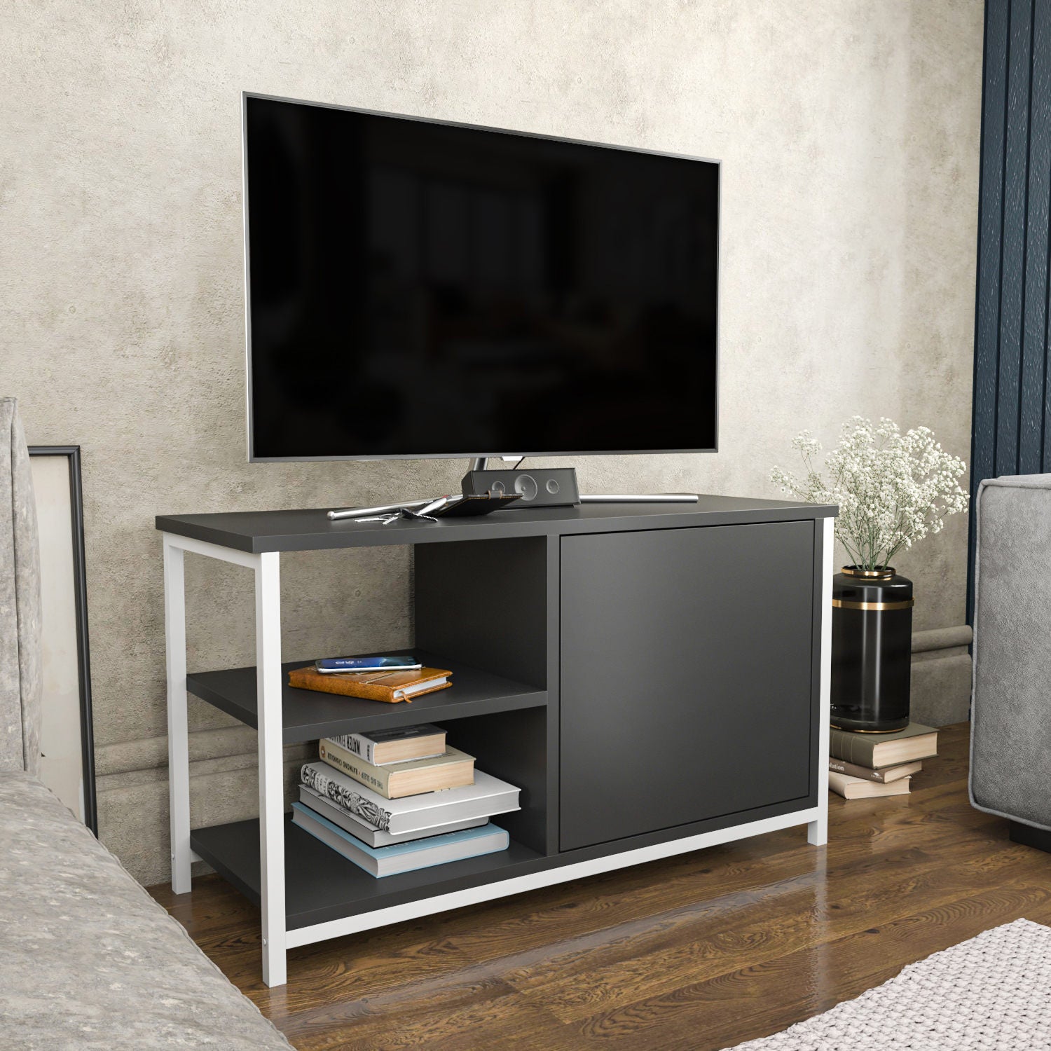 Móvel de TV elegante, branco e antracite, 89,6 x 35,3 x 50,8 cm | Painel de partículas 100% revestido de melamina e estrutura de metal | Design moderno para sala de estar