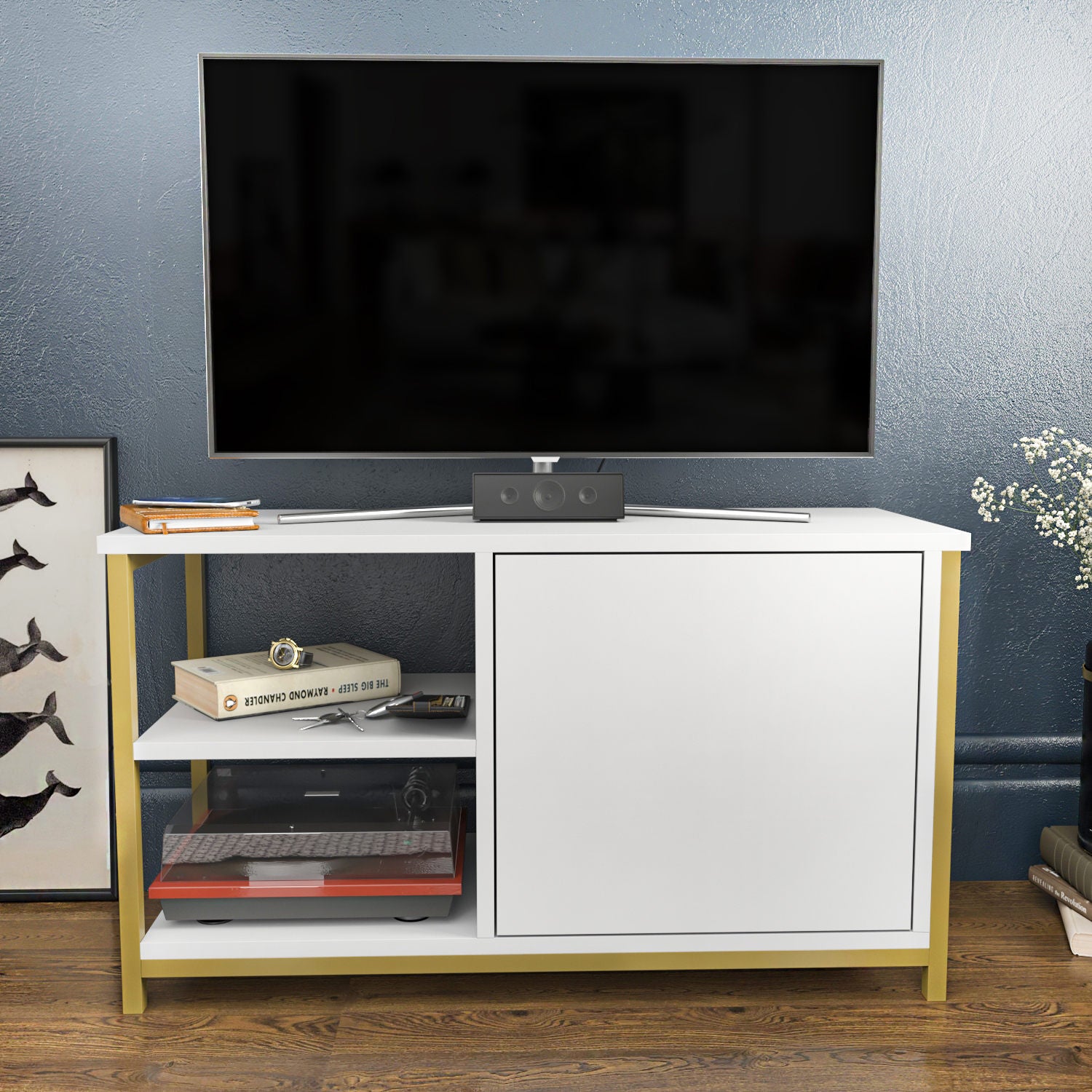 Suporte de TV Glamouroso, Dourado e Branco, 89,6 x 35,3 x 50,8 cm | Painel de partículas 100% revestido em melamina, 18 mm de espessura, estrutura de metal resistente | Design elegante e funcional para salas de estar modernas