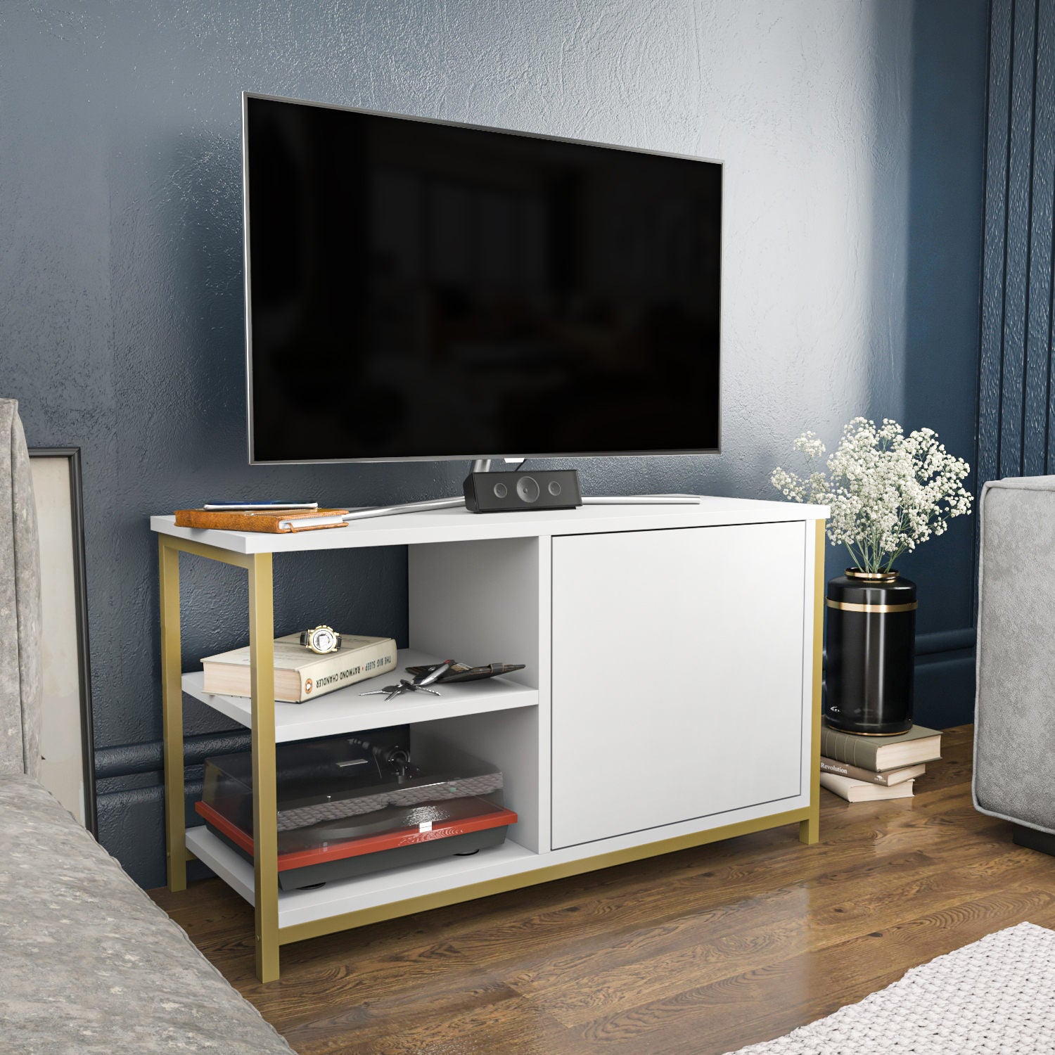 Suporte de TV Glamouroso, Dourado e Branco, 89,6 x 35,3 x 50,8 cm | Painel de partículas 100% revestido em melamina, 18 mm de espessura, estrutura de metal resistente | Design elegante e funcional para salas de estar modernas