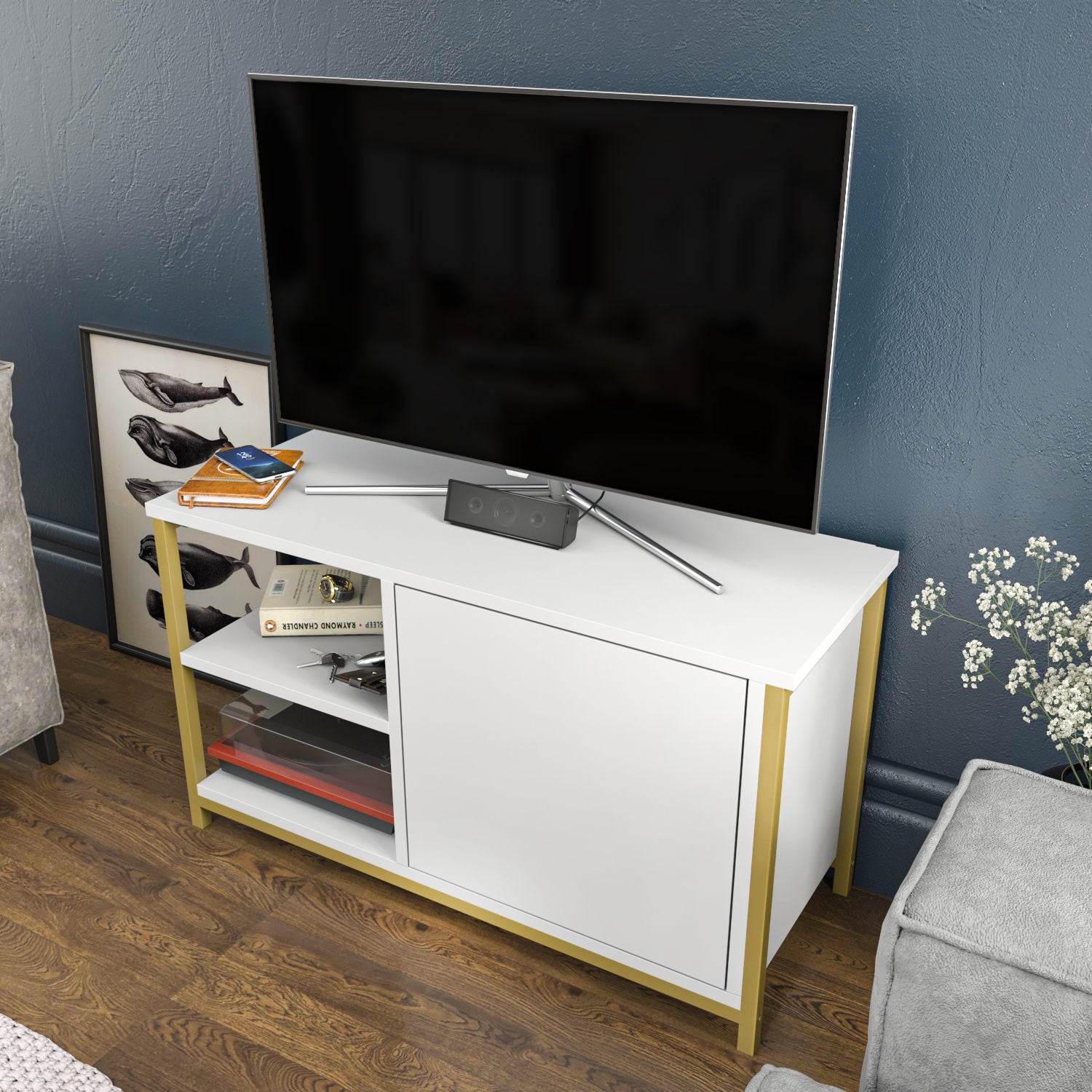 Suporte de TV Glamouroso, Dourado e Branco, 89,6 x 35,3 x 50,8 cm | Painel de partículas 100% revestido em melamina, 18 mm de espessura, estrutura de metal resistente | Design elegante e funcional para salas de estar modernas